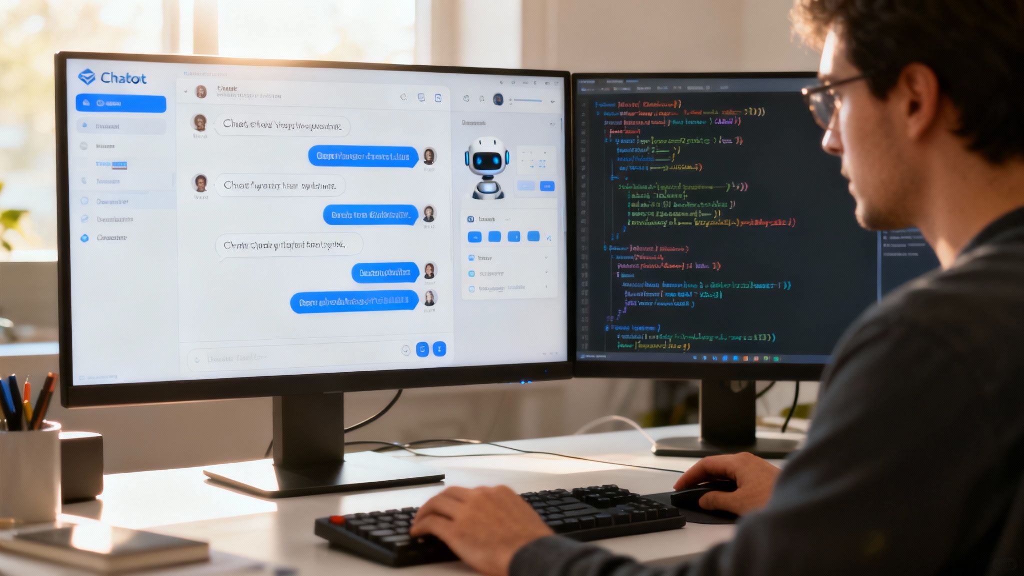 Ein Team arbeitet strategisch an der Implementierung eines KI Chatbots auf einer Website.