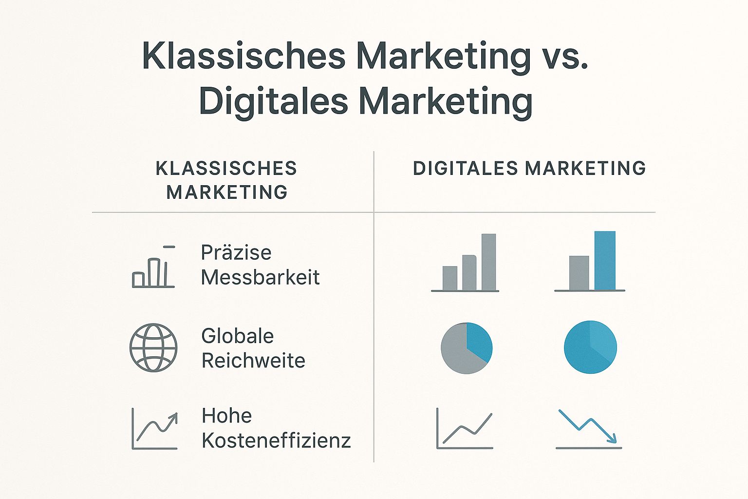 Infografik, die die Vorteile von digitalem Marketing (präzise Messbarkeit, globale Reichweite, hohe Kosteneffizienz) mit denen von klassischem Marketing vergleicht.
