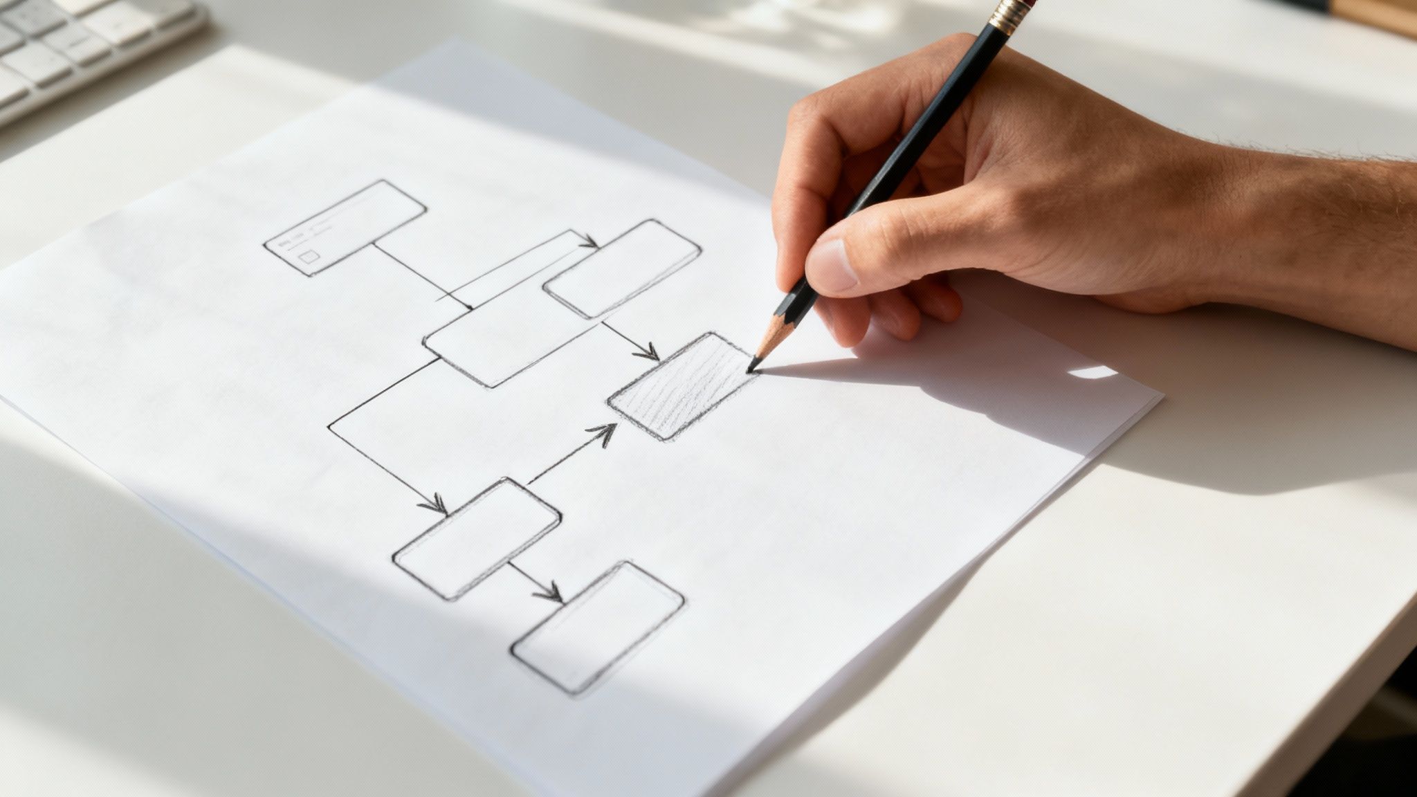 Eine Person zeichnet Wireframes und eine Sitemap auf Papier, um die Struktur einer Website zu planen.
