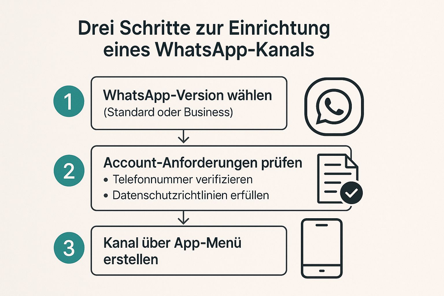 Infografik, die den dreistufigen Prozess zur Einrichtung eines WhatsApp-Kanals visualisiert: Version wählen, Anforderungen prüfen und Kanal erstellen.