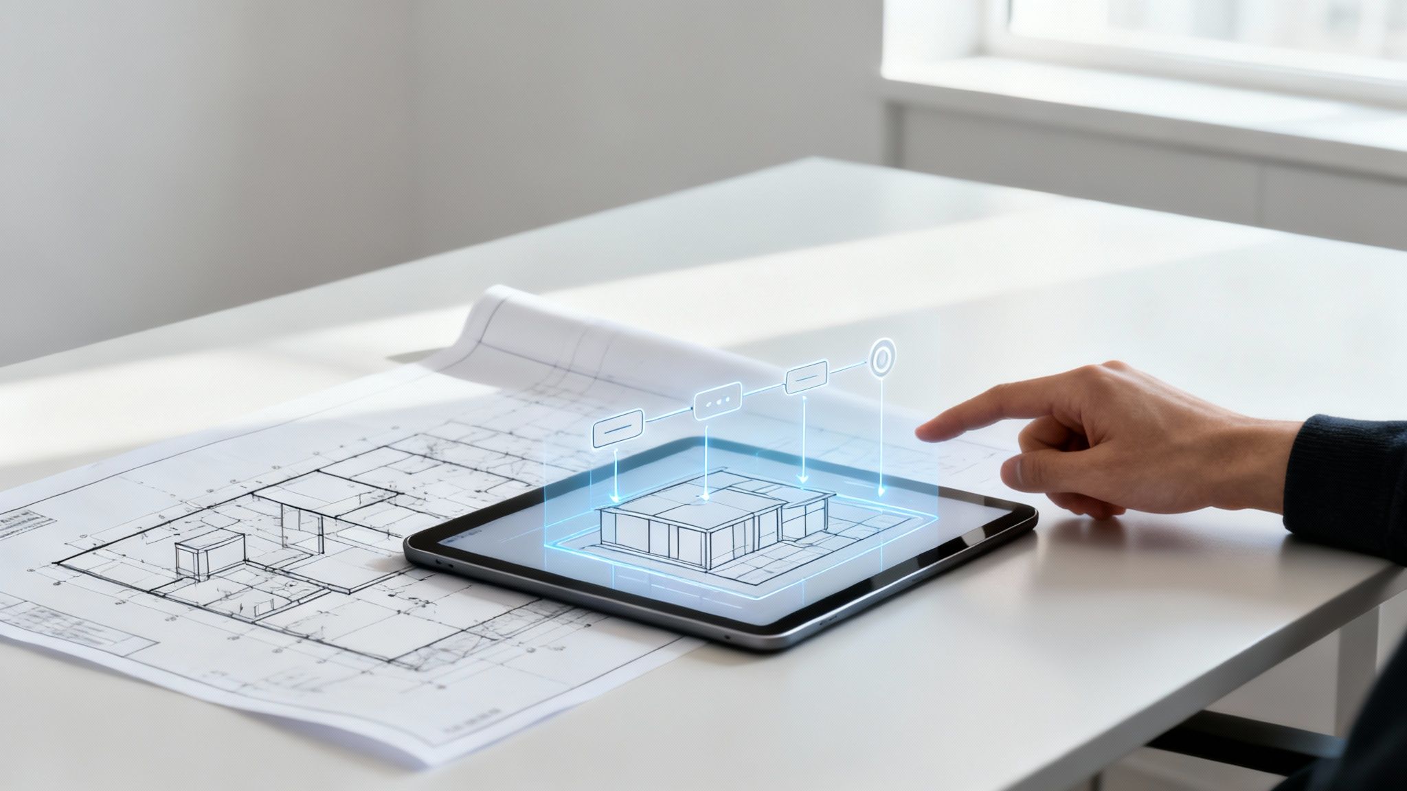 Eine Person interagiert mit einer großen, abstrakten Benutzeroberfläche, was UX Design symbolisiert