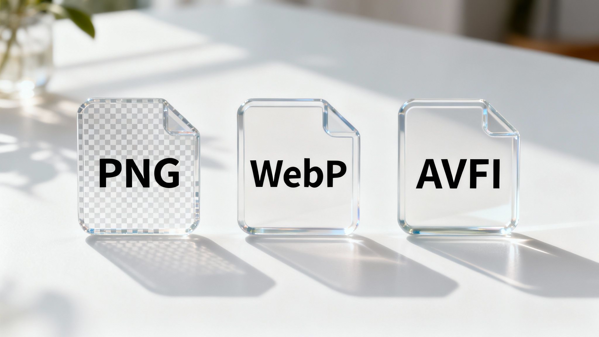Eine Auswahl verschiedener Bildformate wie PNG, WebP und AVIF, die auf einem Bildschirm angezeigt werden und ihre unterschiedlichen Eigenschaften symbolisieren.