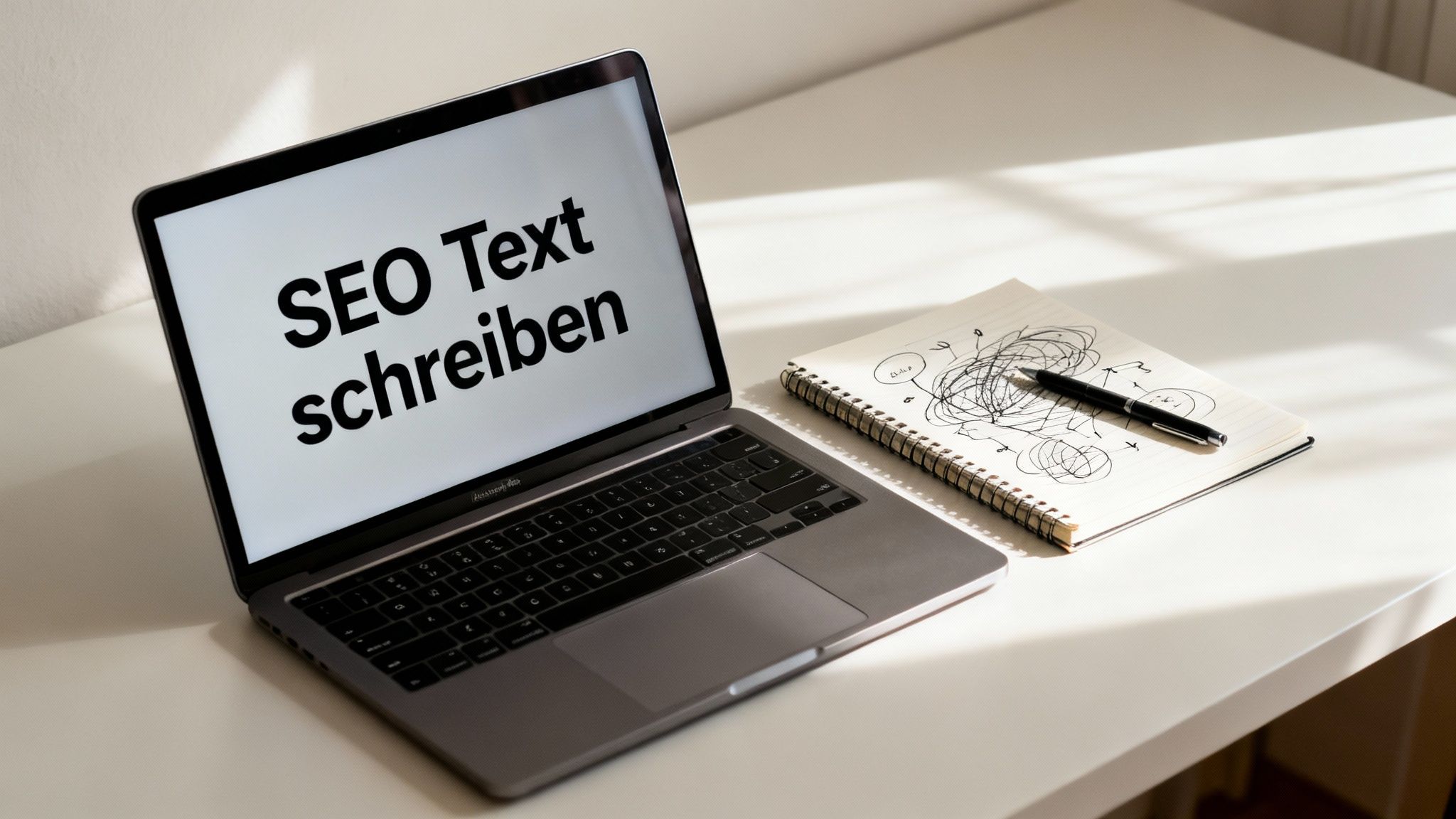 Eine Person tippt an einem Laptop, umgeben von Icons, die SEO-Elemente wie Keywords und Graphen darstellen.