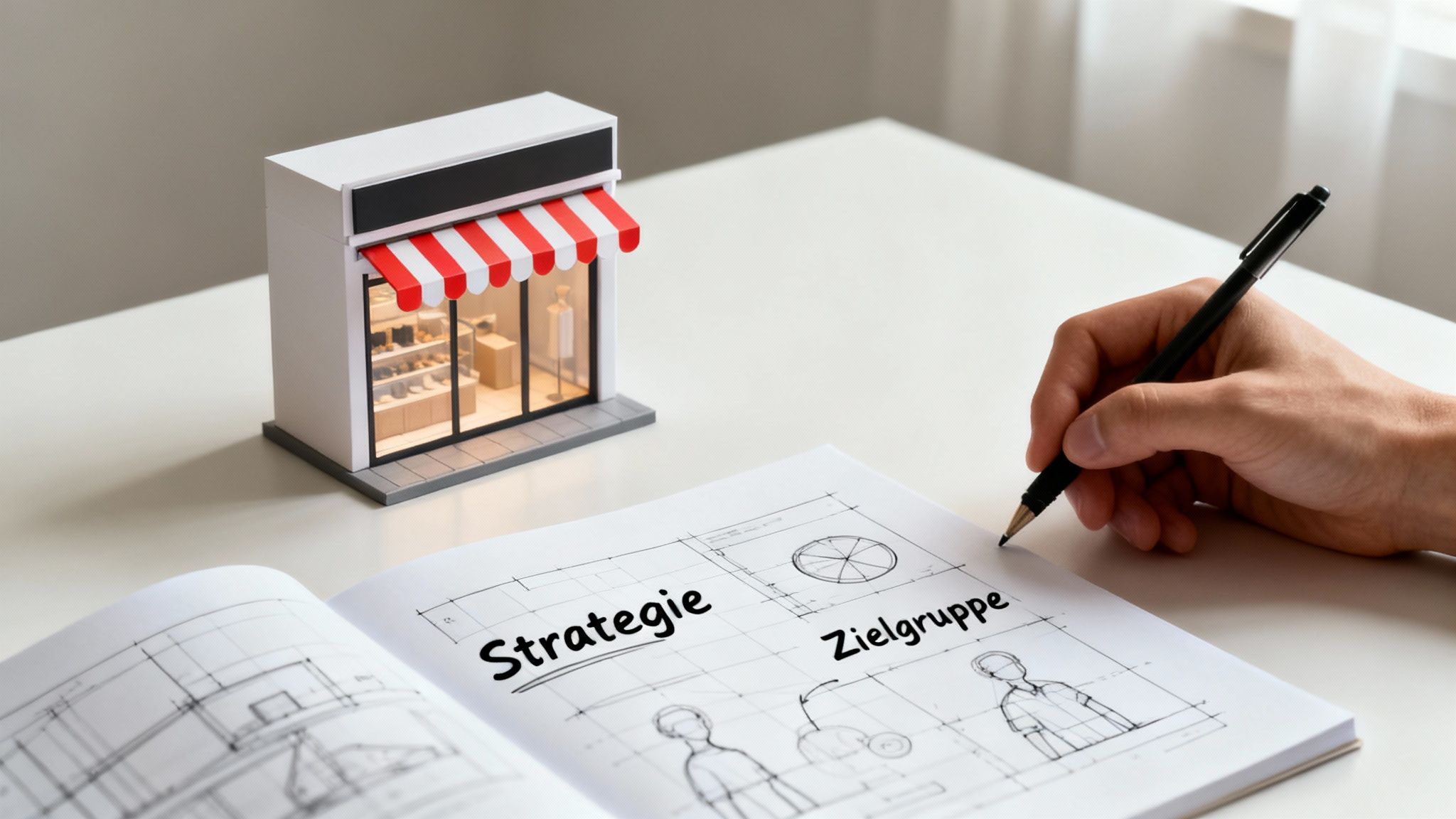 Personen, die an einem Tisch sitzen und einen Plan für einen Online-Shop besprechen, mit Laptops und Notizen.