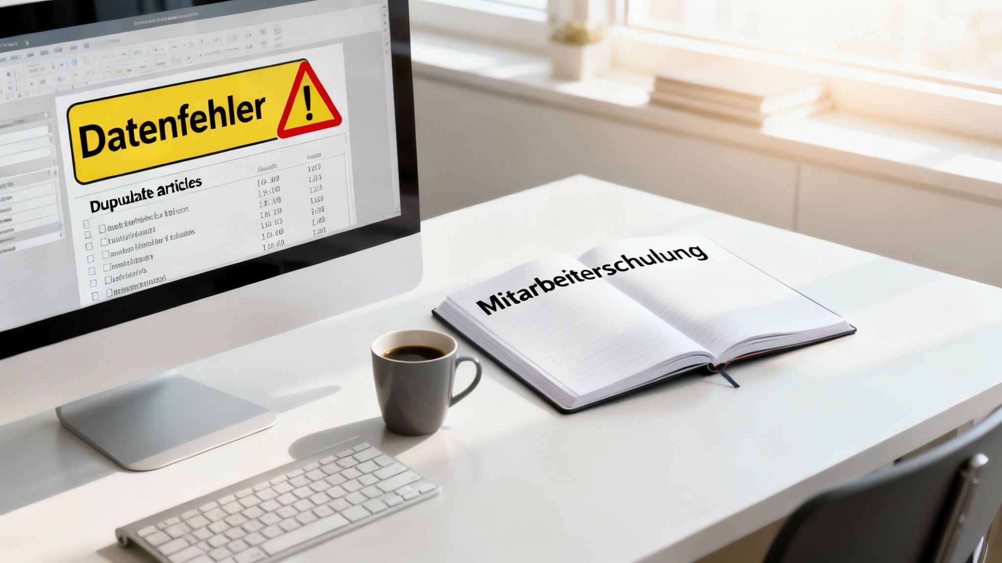 Ein Bild mit einem Warndreieck und einem Zahnrad, das die potenziellen Risiken und technischen Herausforderungen bei der WaWi-Einführung symbolisiert.