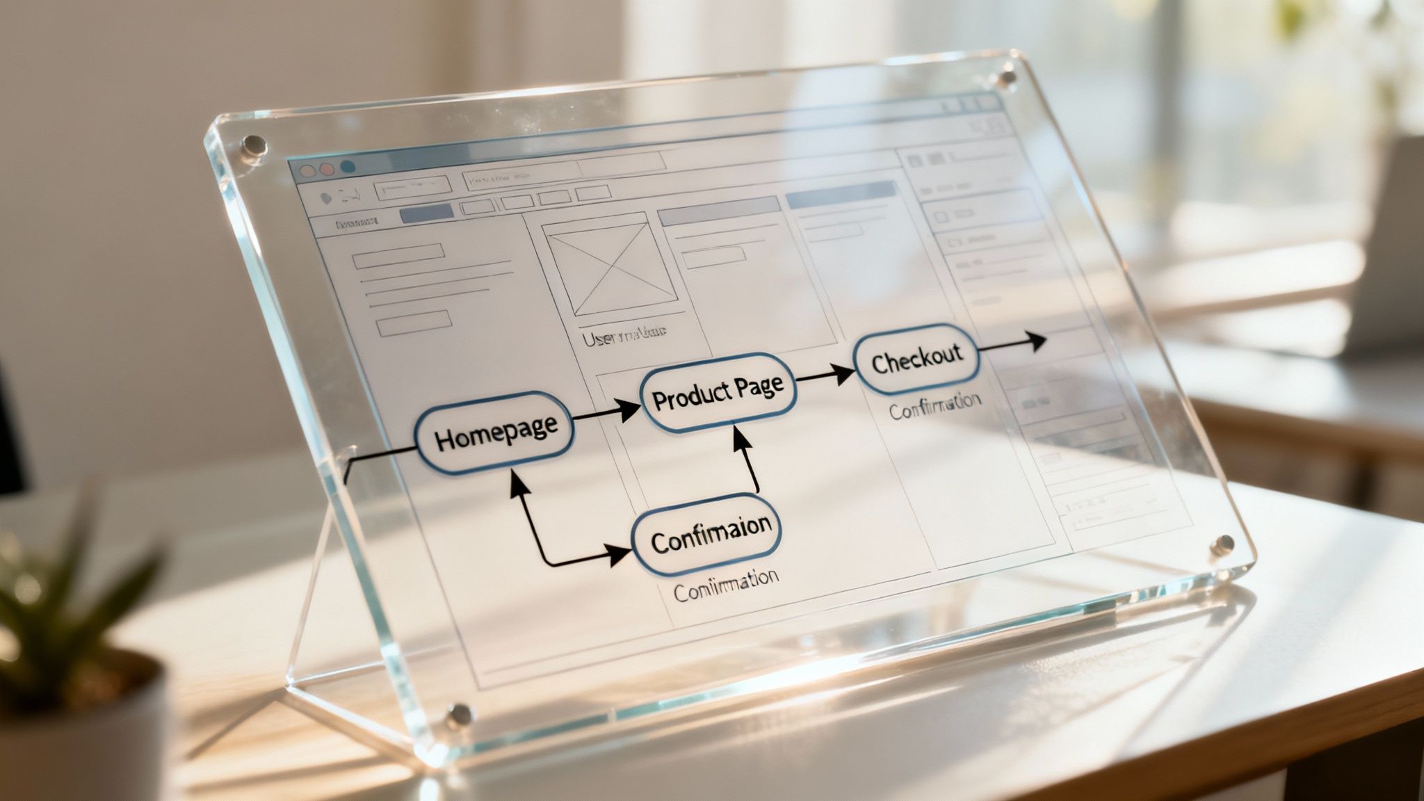 Eine Frau plant den Aufbau einer Website an einer Tafel mit Notizen und Diagrammen