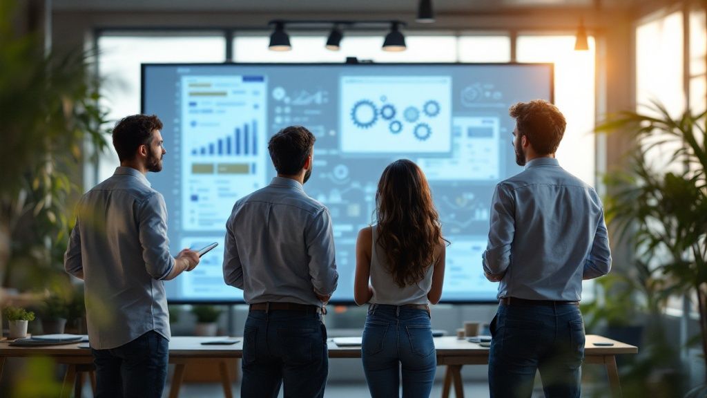 Eine Person zeichnet ein Diagramm auf einem digitalen Whiteboard, das die ersten Schritte eines Automatisierungsprojekts darstellt.