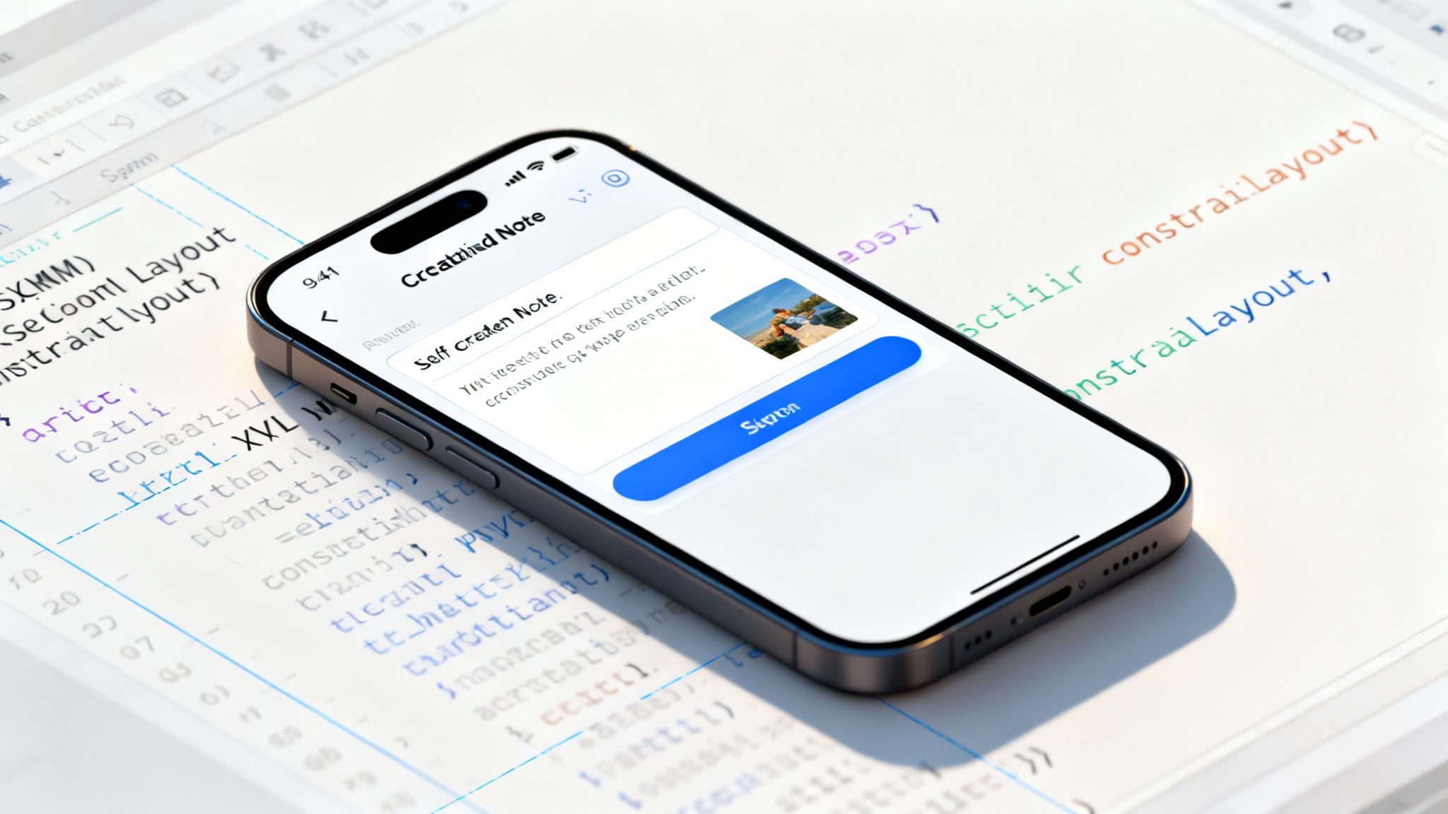 Eine Nahaufnahme eines Smartphones, das den Layout-Editor von Android Studio für die UI-Gestaltung einer App anzeigt.