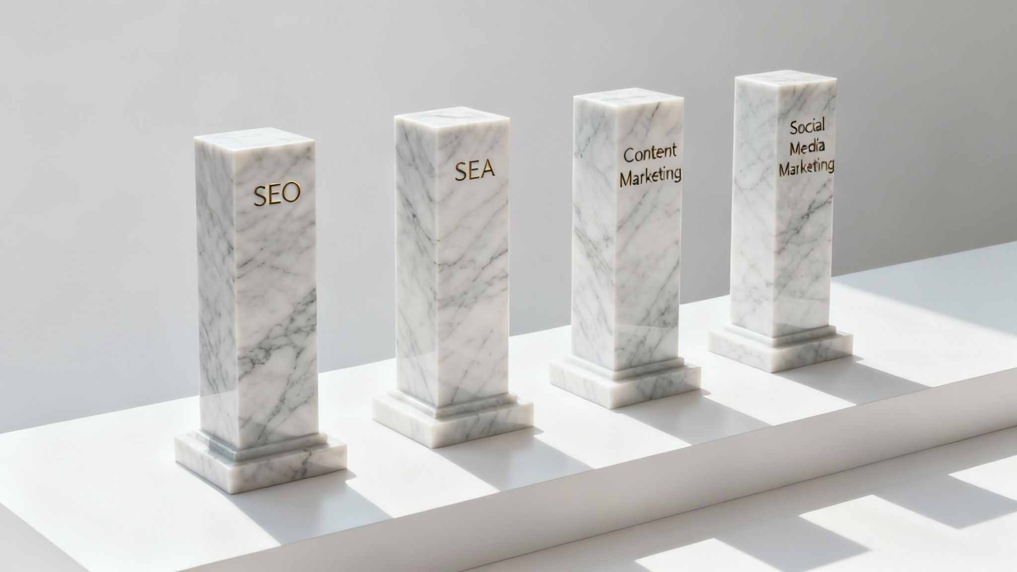 Vier Personen arbeiten an Laptops an einem Tisch und besprechen Online-Marketing-Strategien.
