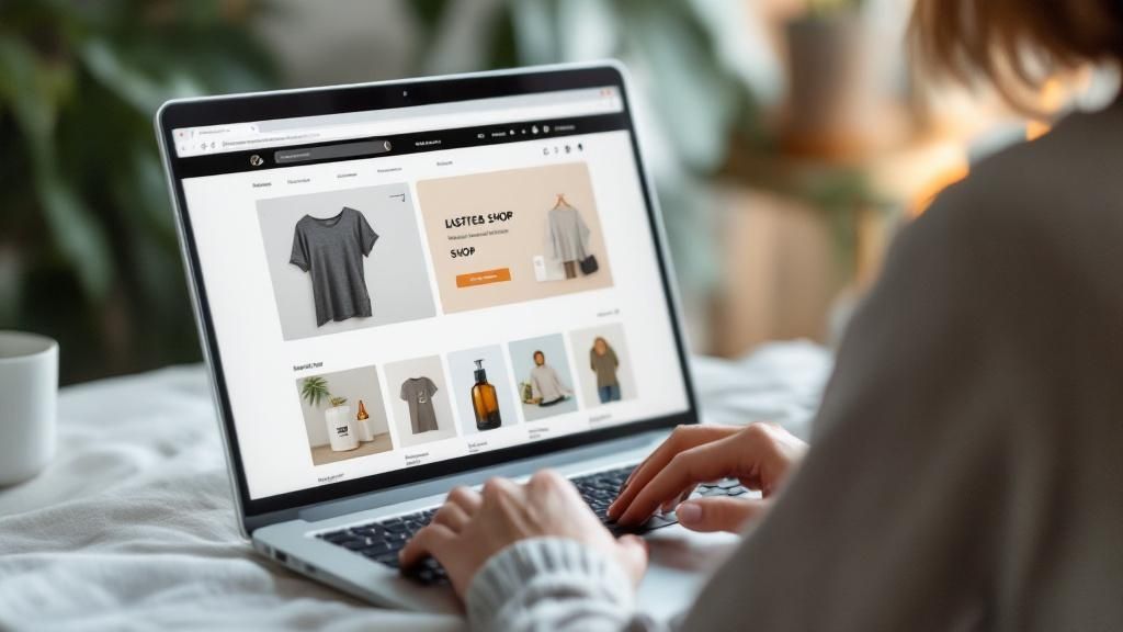 Eine Person hält ein Smartphone und tätigt einen Online-Einkauf, während im Hintergrund ein Lager zu sehen ist.