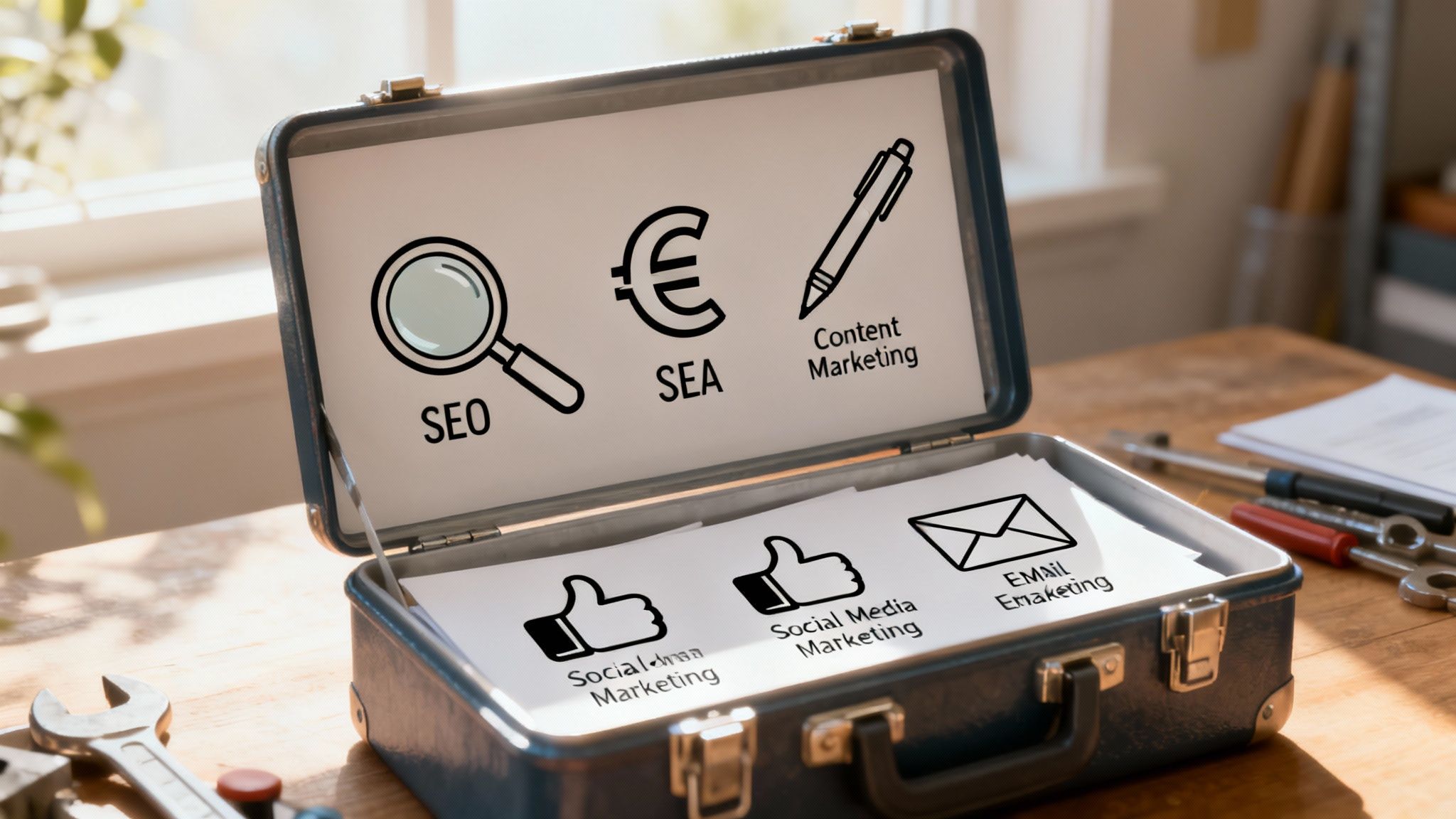 Ein Diagramm, das verschiedene digitale Marketingkanäle wie SEO, SEA, Social Media und E-Mail-Marketing darstellt, die um ein zentrales Unternehmensziel herum angeordnet sind.