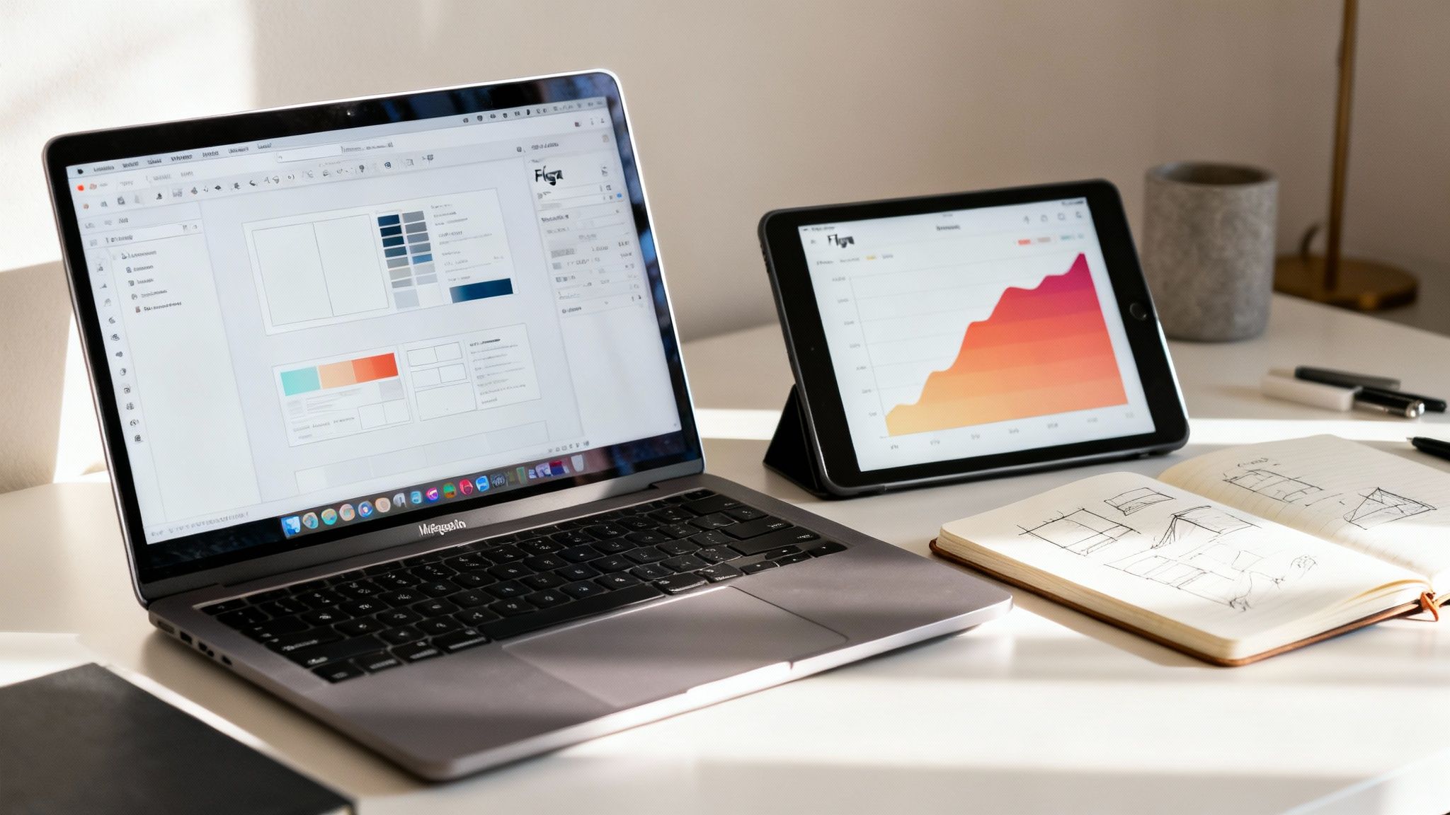 Eine Nahaufnahme von Design-Werkzeugen und digitalen Schnittstellen auf einem Schreibtisch