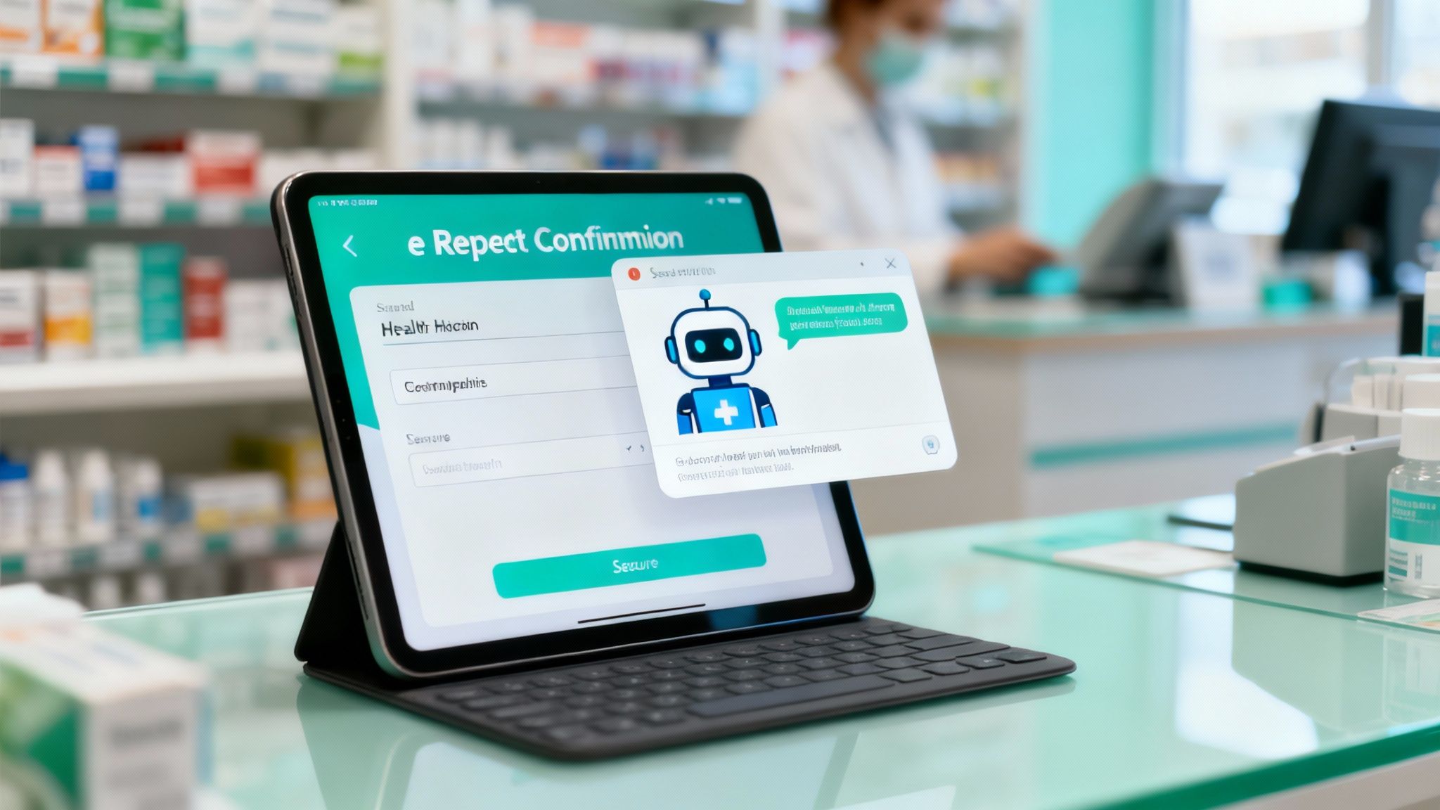 Eine futuristische Darstellung einer Apotheken-Website mit modernen UI-Elementen