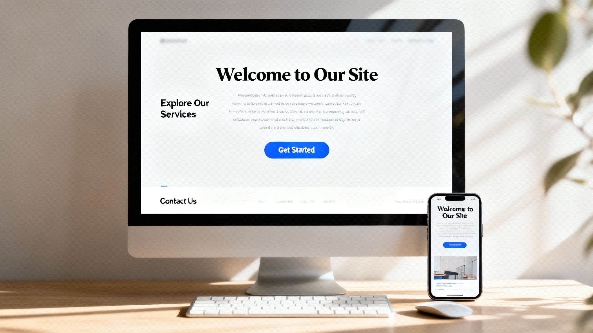 Ein modernes, saubereres Webdesign wird auf einem Laptop, Tablet und Smartphone angezeigt.