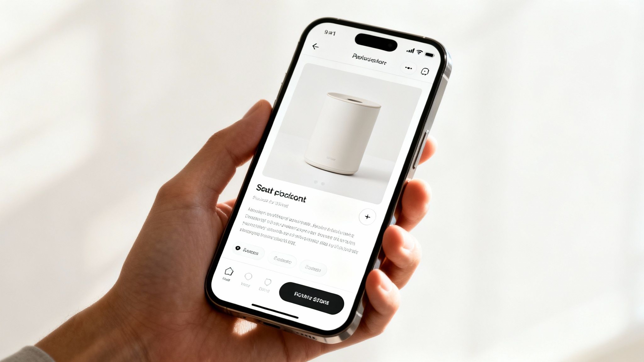 Eine Person, die ein Smartphone benutzt, um in einem Online-Shop einzufuhen, mit Produktbildern und Warenkorb-Symbolen.