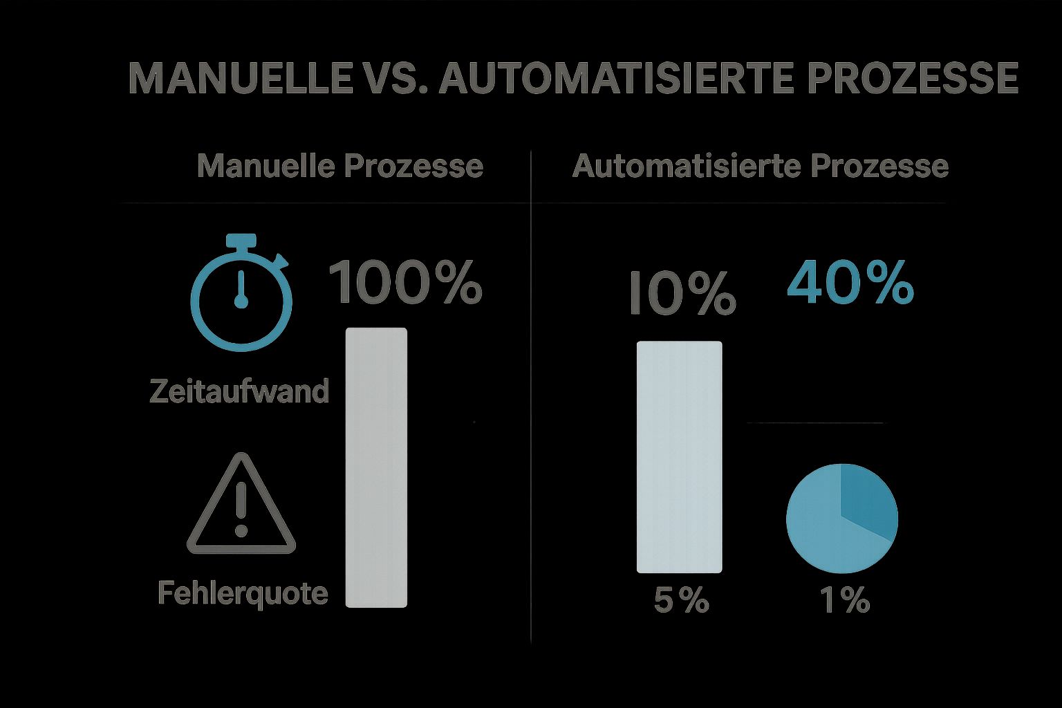 Infografik, die manuelle Prozesse mit automatisierten Prozessen vergleicht und eine Reduzierung des Zeitaufwands von 100 % auf 40 % sowie eine Senkung der Fehlerquote von 5 % auf 1 % darstellt.