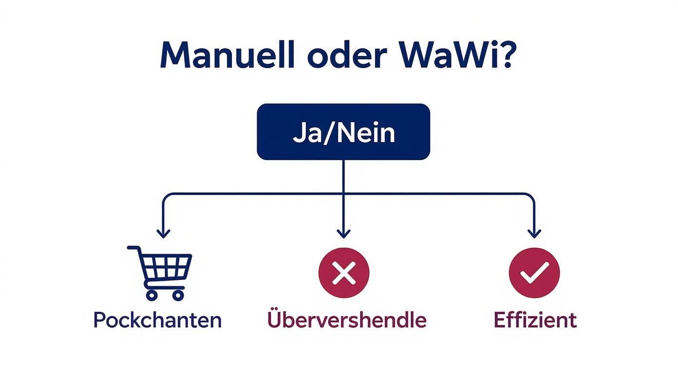 Eine Infografik, die als Entscheidungsbaum darstellt, ob eine Warenwirtschaft (WaWi) notwendig ist, basierend auf der Anzahl der Bestellungen und den damit verbundenen Problemen wie Überverkäufen.