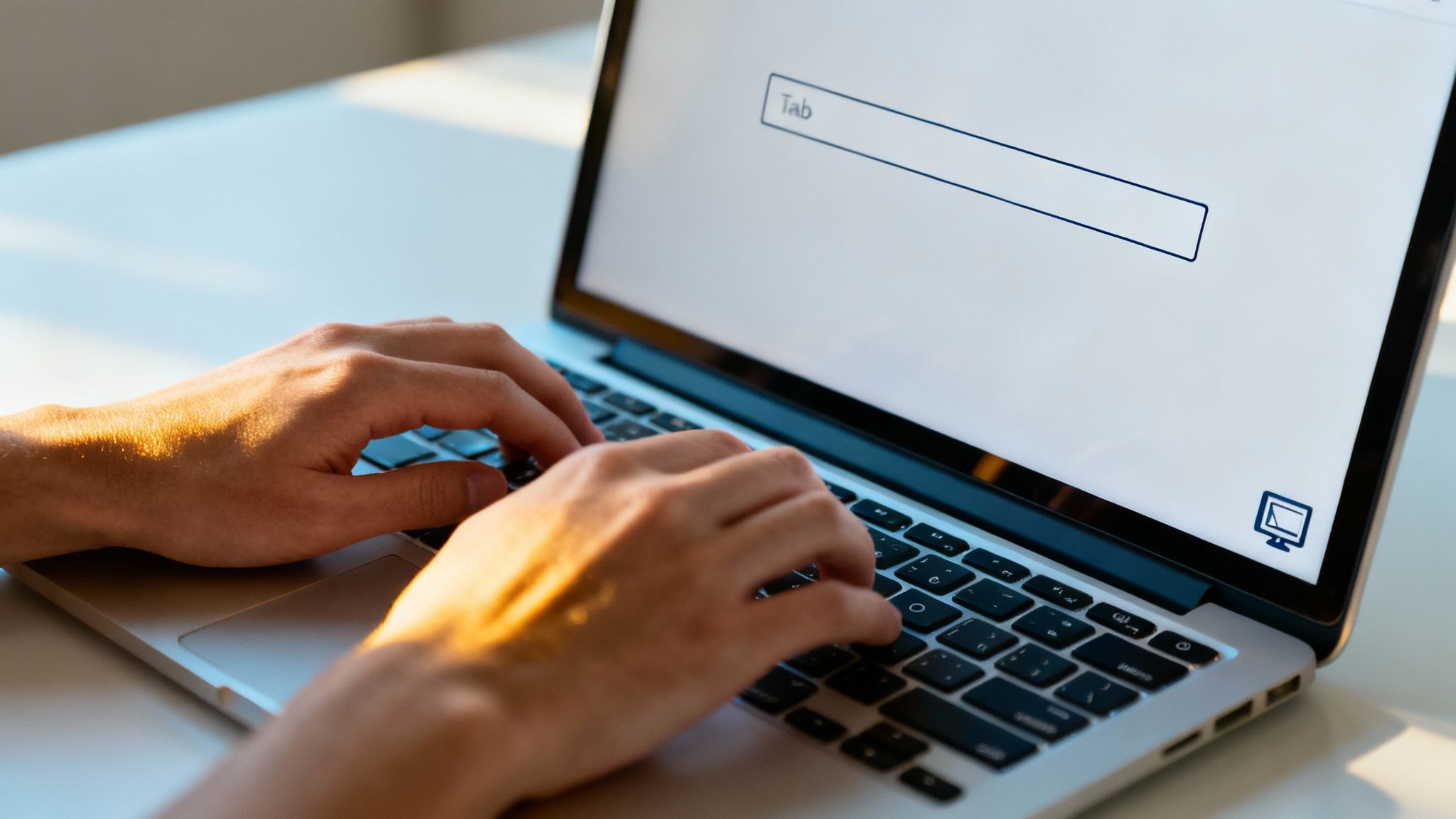 Eine Person sitzt an einem Schriebtisch und prüft eine Website auf einem Laptop, um die Barrierefreiheit sicherzustellen.