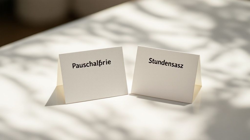 Eine Person wählt zwischen verschiedenen Optionen auf einem Bildschirm, die eine Agentur, einen Freelancer und ein Baukasten-System symbolisieren.