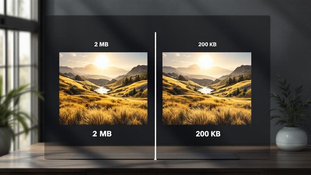 Eine Person arbeitet an einem Laptop und optimiert Bilder für eine Webseite, um die Ladezeit zu verbessern.