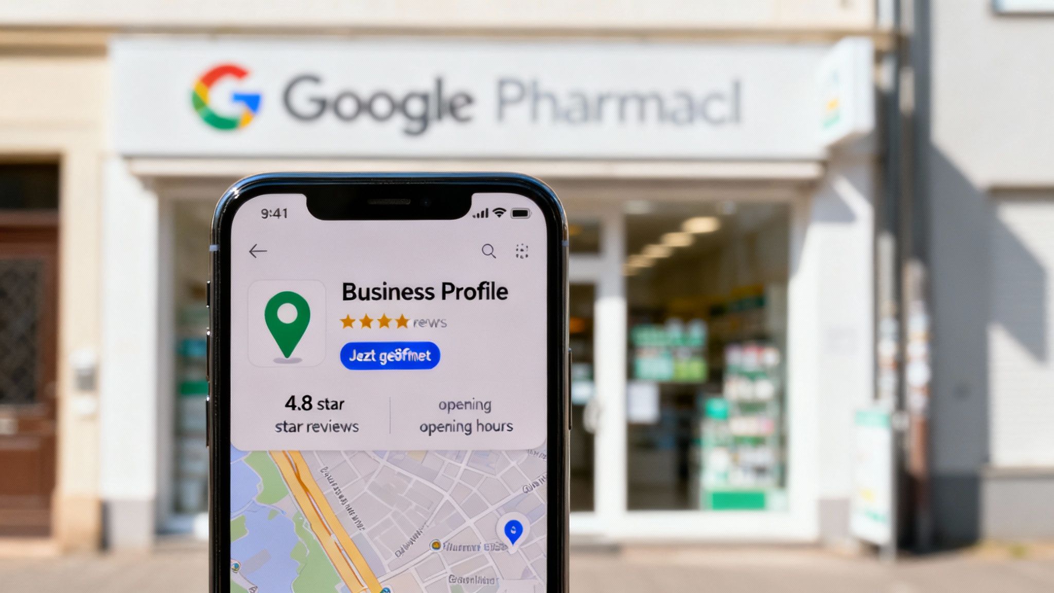 Eine Person sucht auf einem Smartphone nach einer lokalen Apotheke