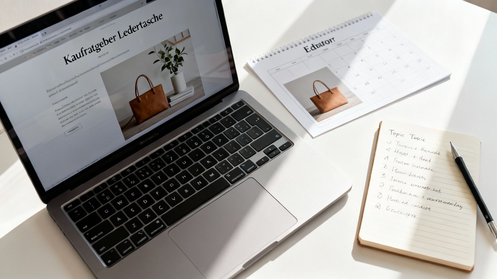 Eine Person schreibt Content-Marketing-Texte auf einem Laptop, umgeben von Notizen und einer Kaffeetasse.