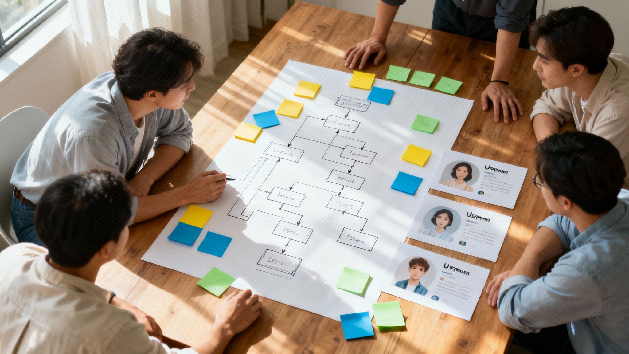 Eine Gruppe von Menschen, die strategisch an einem Tisch mit Post-its und Skizzen den Aufbau einer Website plant.