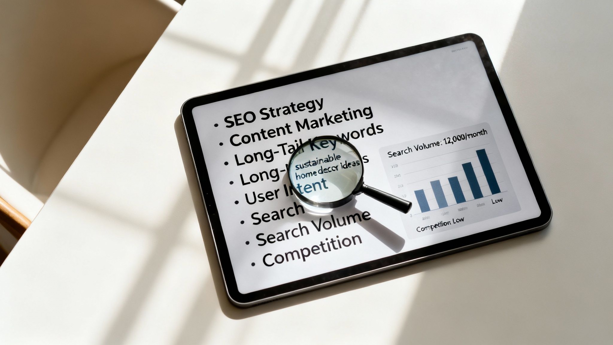 Eine Person recherchiert Keywords auf einem Tablet und macht sich Notizen