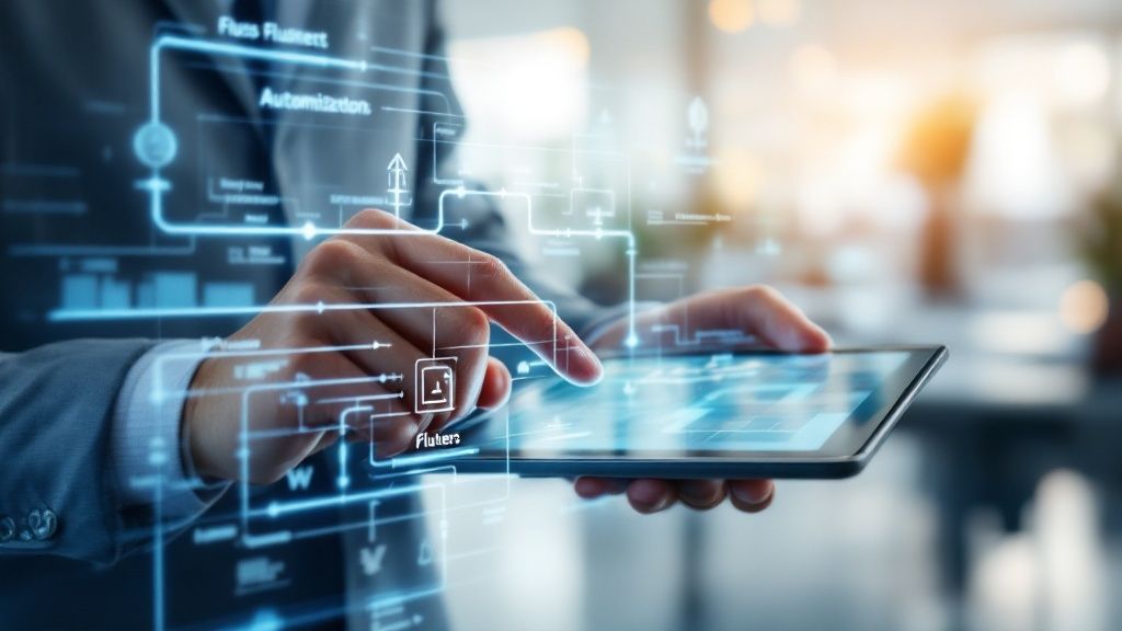 Eine Person interagiert mit einer futuristischen digitalen Benutzeroberfläche, die verschiedene Automatisierungswerkzeuge und Datenströme anzeigt.