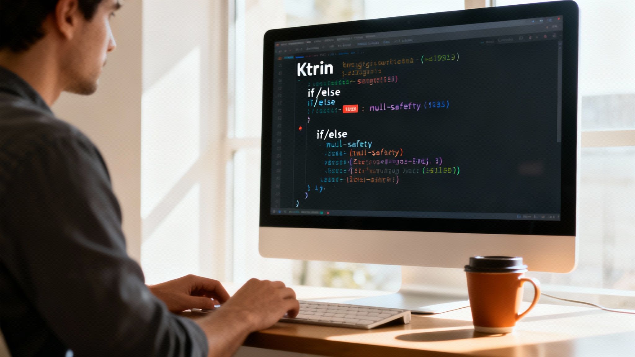 Eine Entwicklerin, die am Laptop Kotlin-Code für eine Android-App schreibt