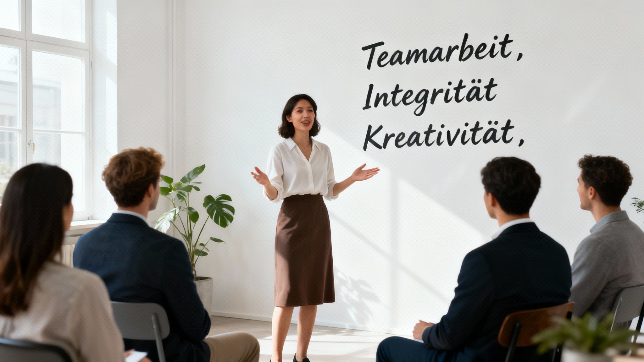 Ein Team in einem Meetingraum, das engagiert über die Umsetzung von Unternehmenswerten spricht.