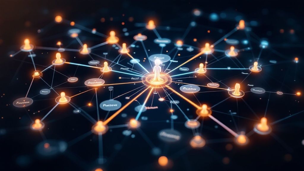 Eine Infografik, die das Konzept von Entitäten in der SEO illustriert, indem sie zeigt, wie eine Person, ein Ort und ein Konzept miteinander verbunden sind, um Kontext zu schaffen.