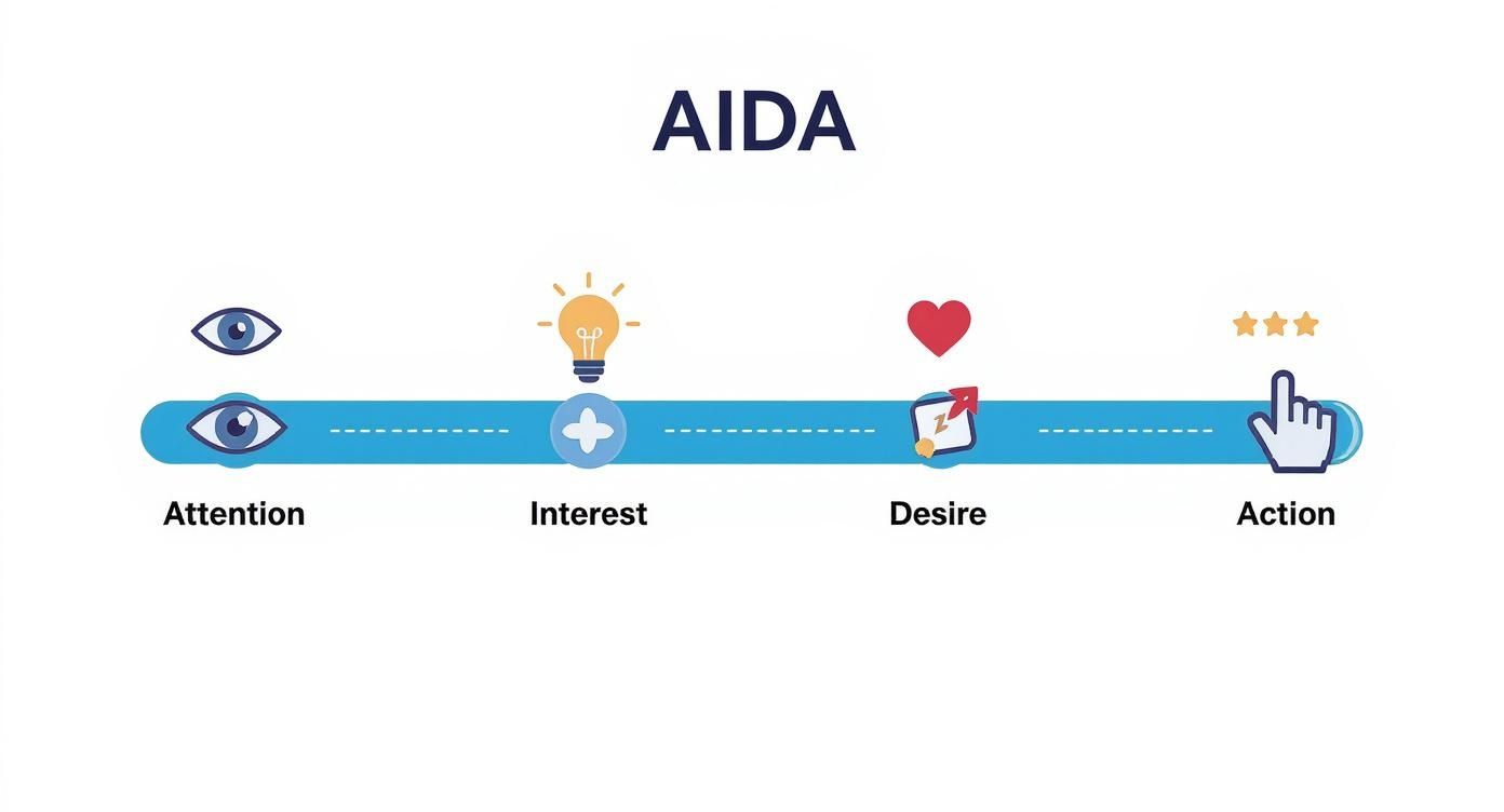 Infografik über den Marketing Funnel AIDA mit Symbolen für jede Phase: Auge für Attention, Glühbirne für Interest, Herz für Desire und Klick für Action.