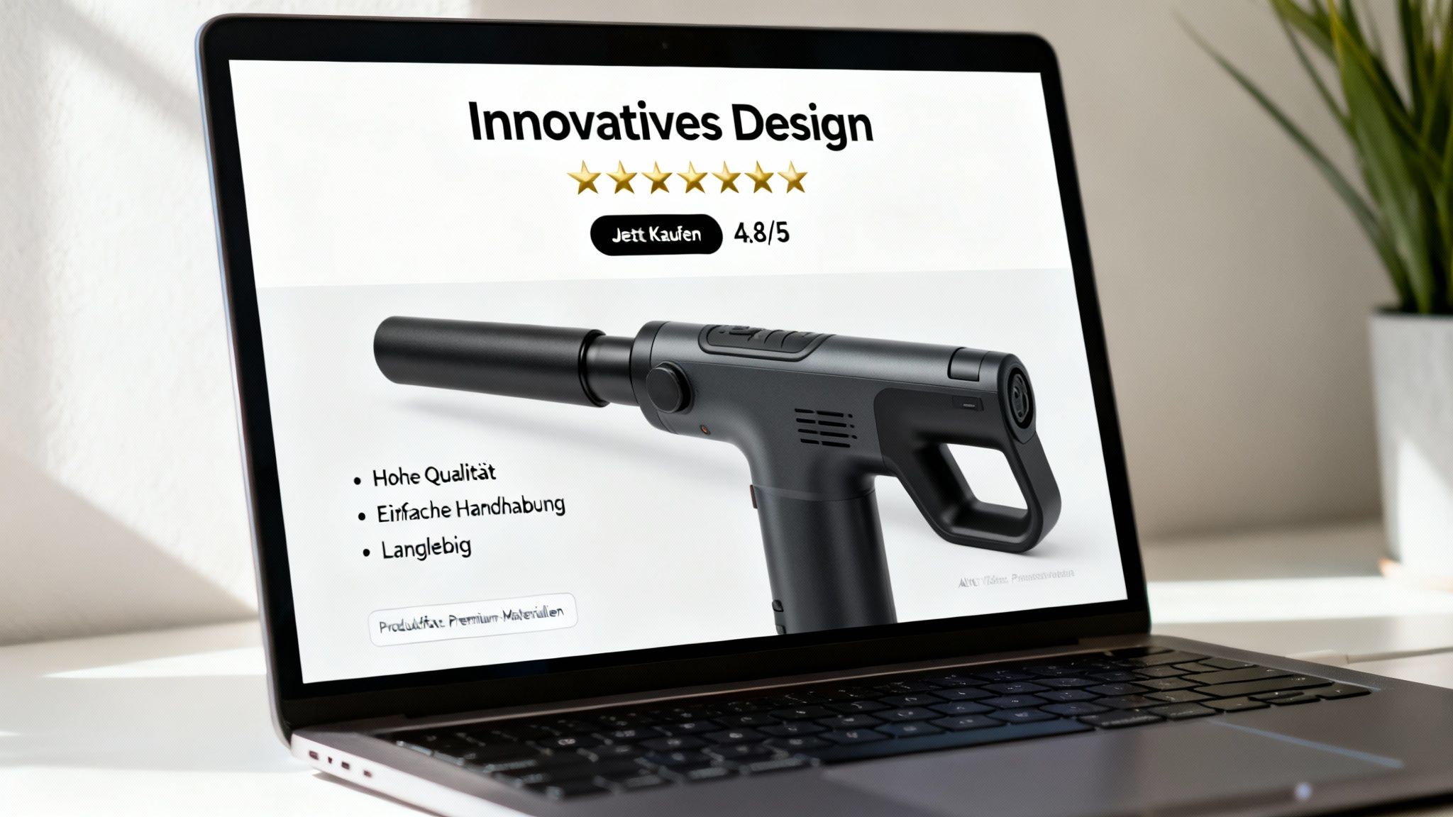 Eine Person optimiert eine Produktseite auf einem Laptop, umgeben von Icons für SEO und Verkauf.