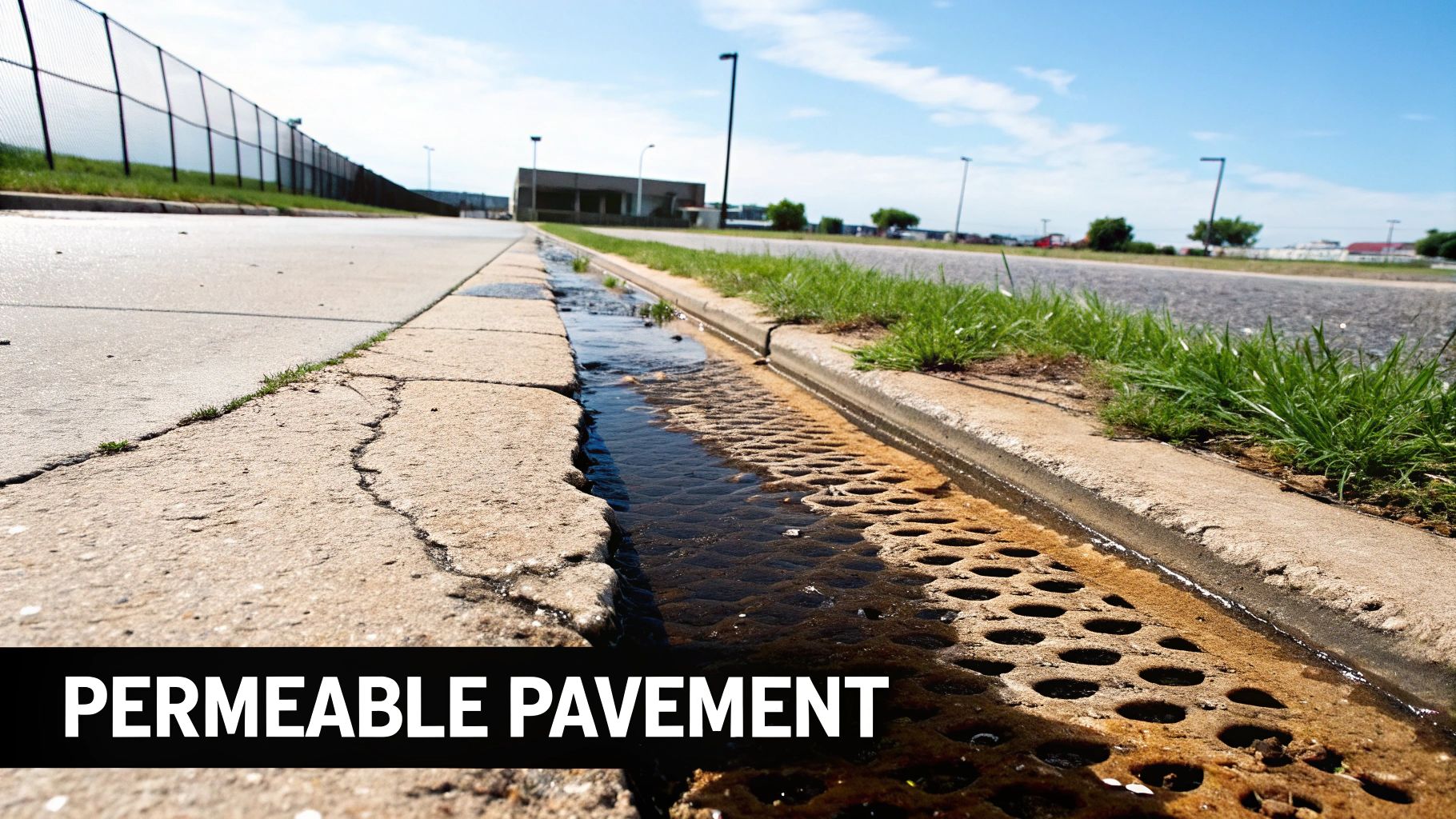 Water flows through a permeable pavement system next to a sidewalk and grassy roadside, showcasing urban drainage.
