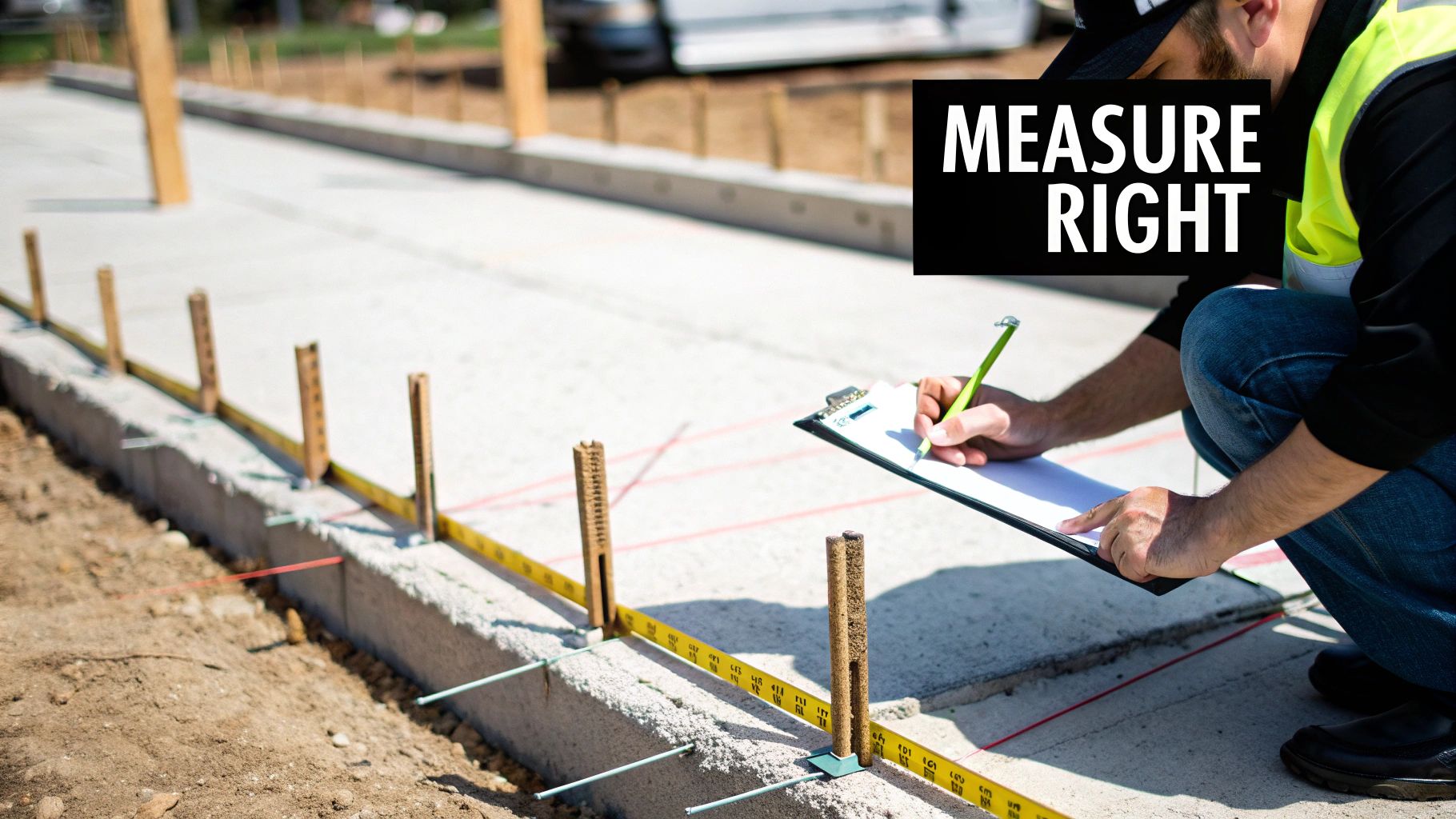 A construction worker taking notes on a clipboard with a tape measure and stakes on a concrete foundation.