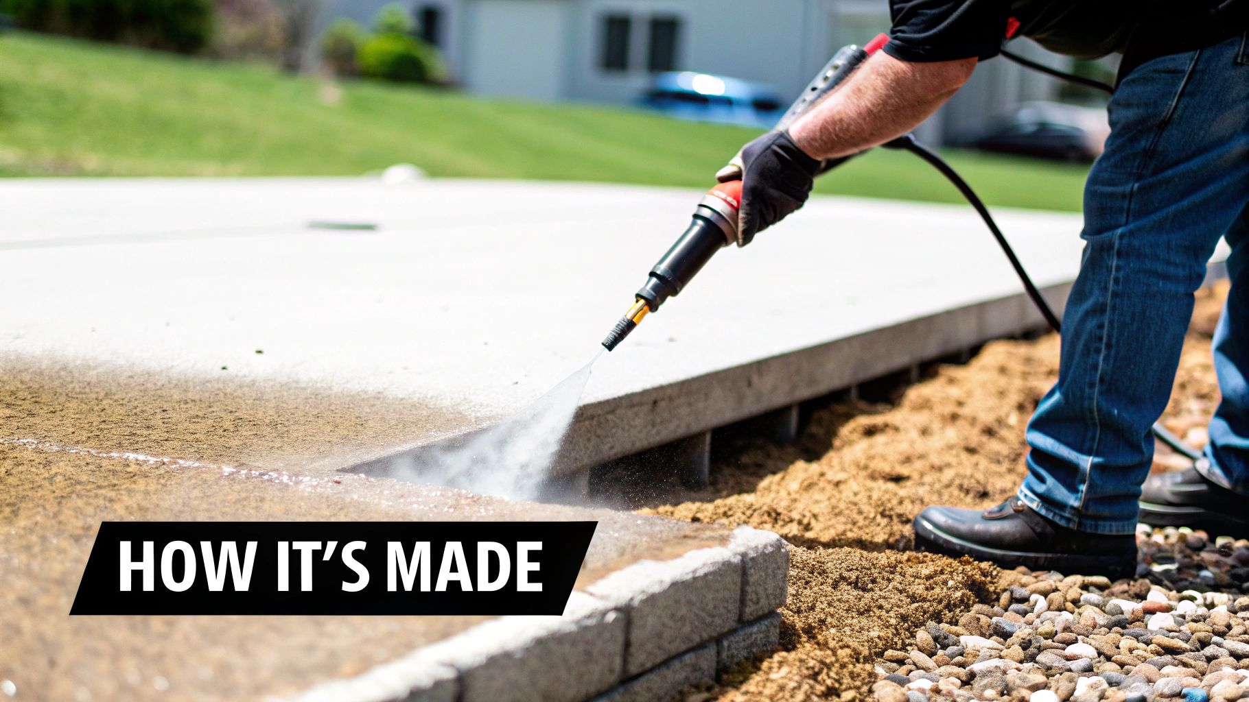 Workers smoothing and finishing a freshly poured exposed aggregate concrete surface