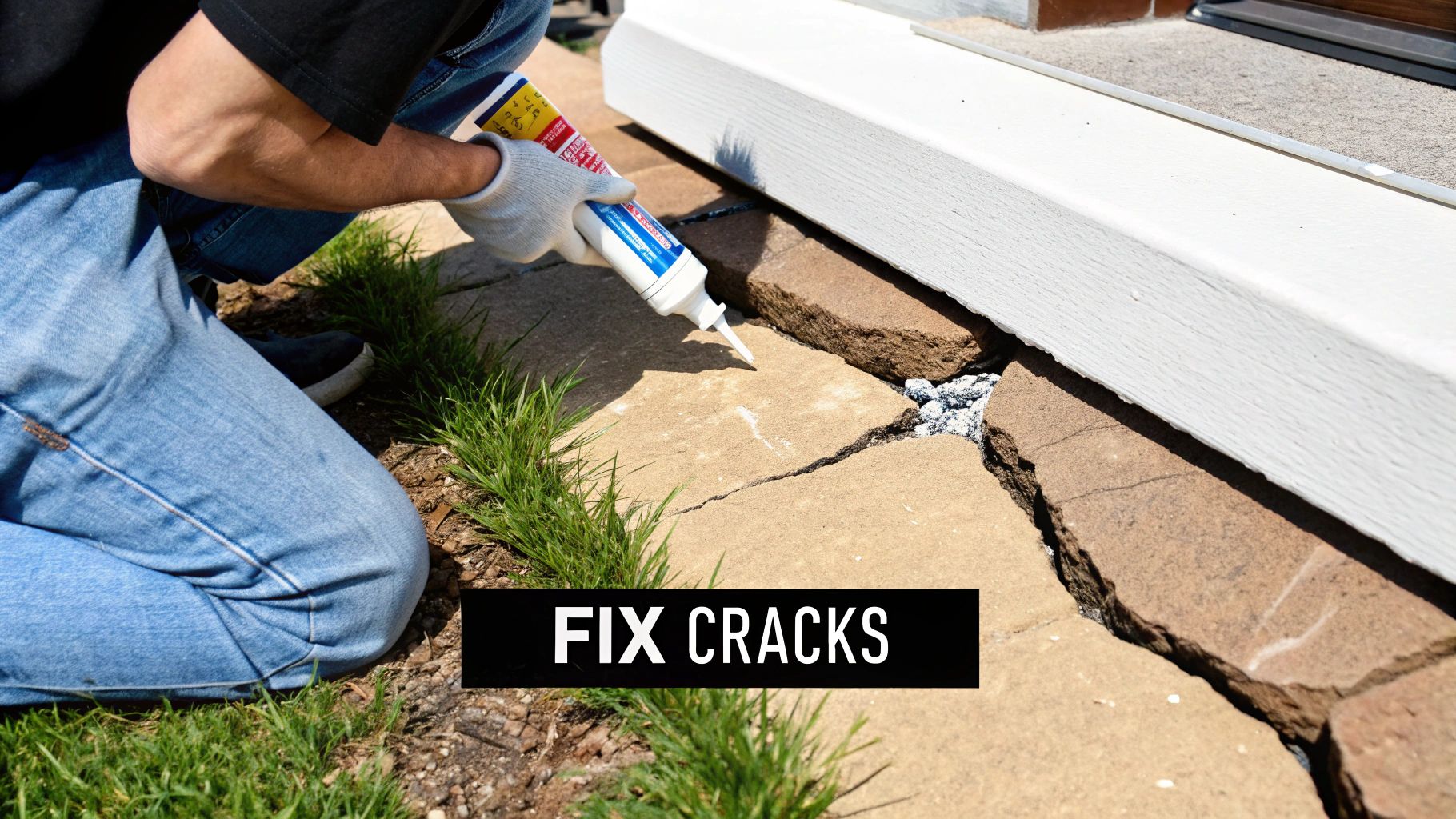 A person in blue jeans and a black shirt applying caulk to repair cracks in a concrete pathway.