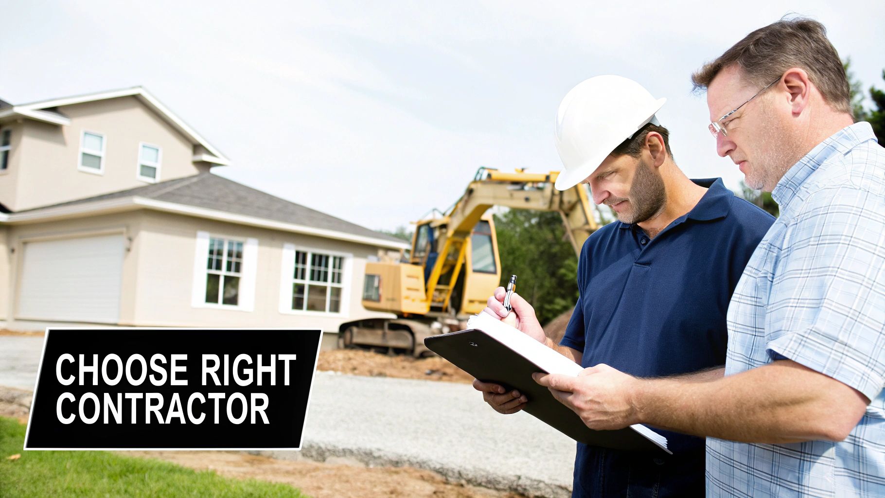 Two men, a contractor in a hard hat and a client, review plans at a construction site with a new house and excavator.