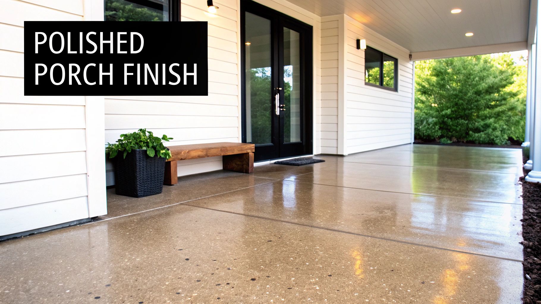 A modern front porch featuring glossy polished concrete flooring, white siding, black doors, and a small wooden bench.