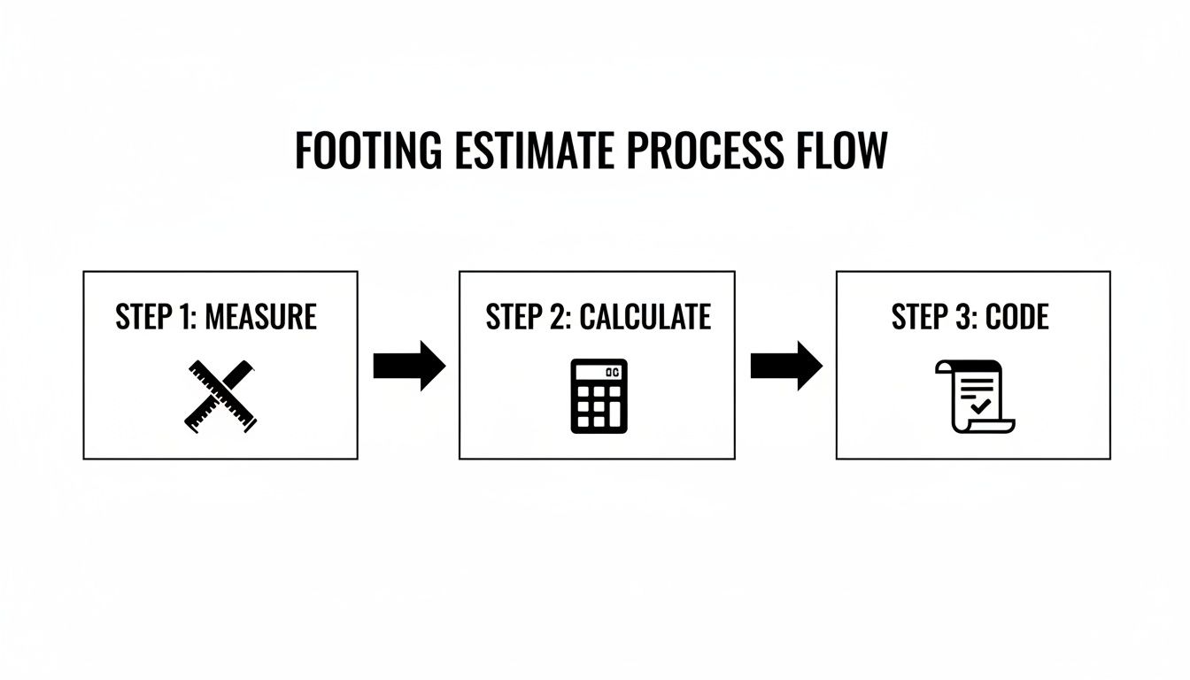 A three-step process flow diagram illustrating footing estimate: measure, calculate, and code.