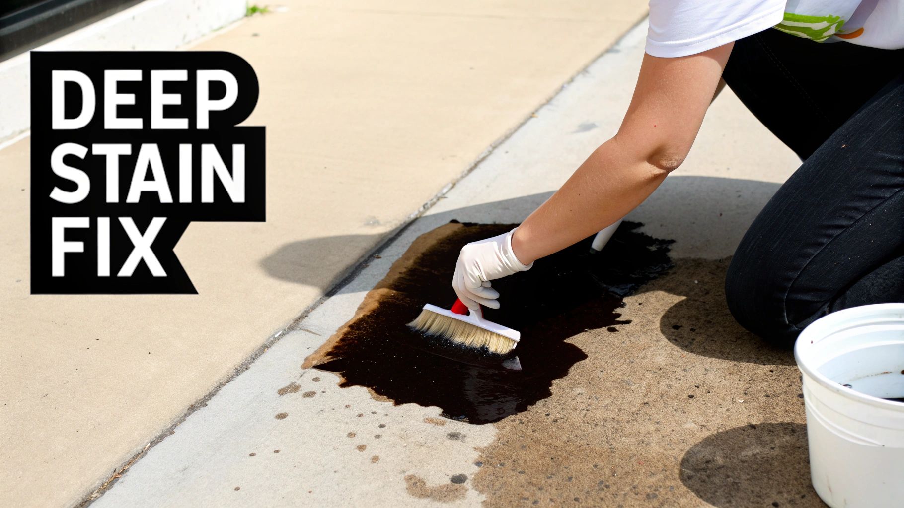 A person wearing white gloves uses a white brush to scrub a dark oil stain from concrete pavement.