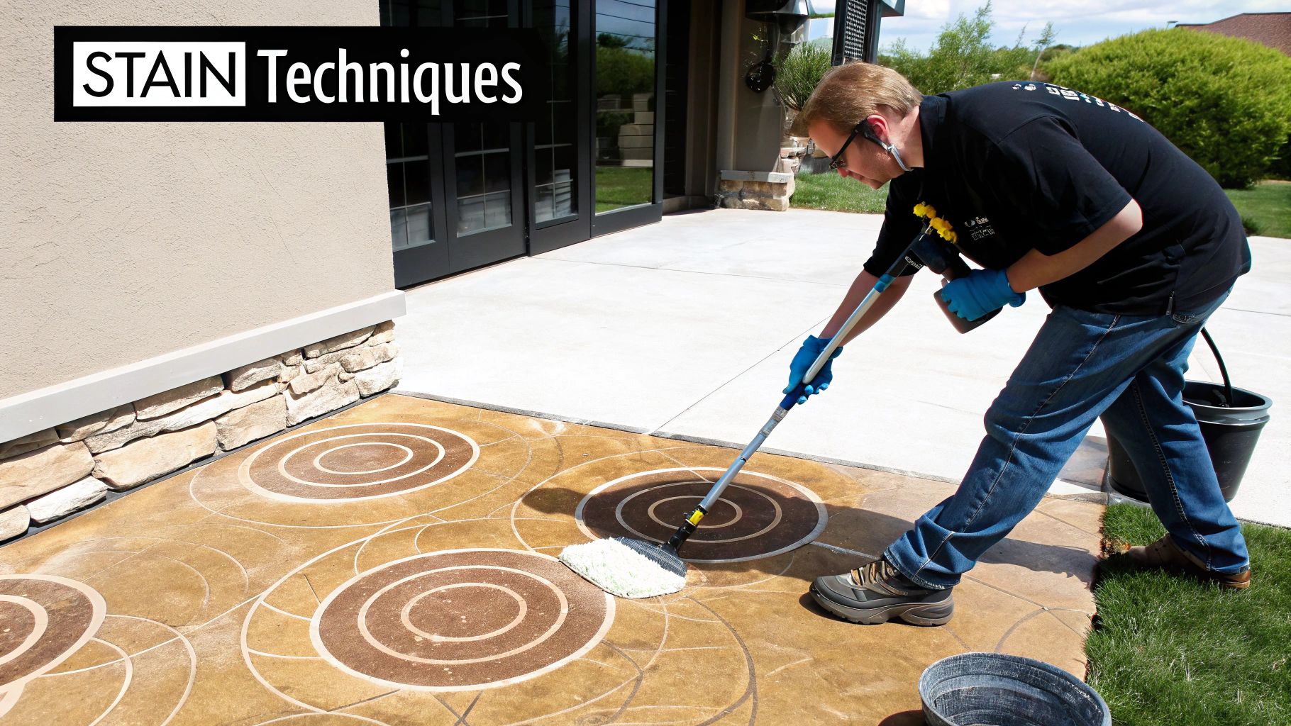 Man applies stain to a decorative concrete patio with circular patterns using a mop.