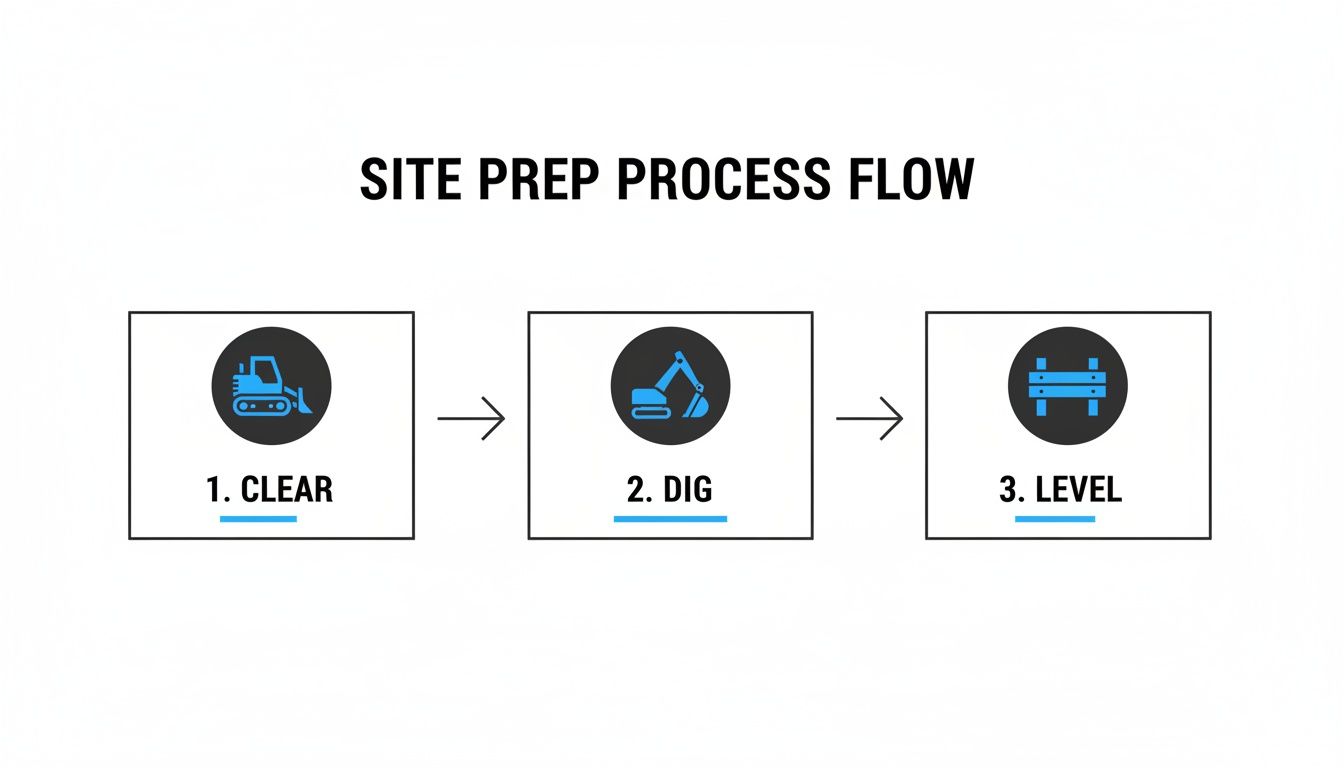 A three-step site preparation process flow: clear, dig, and level, with construction equipment icons.