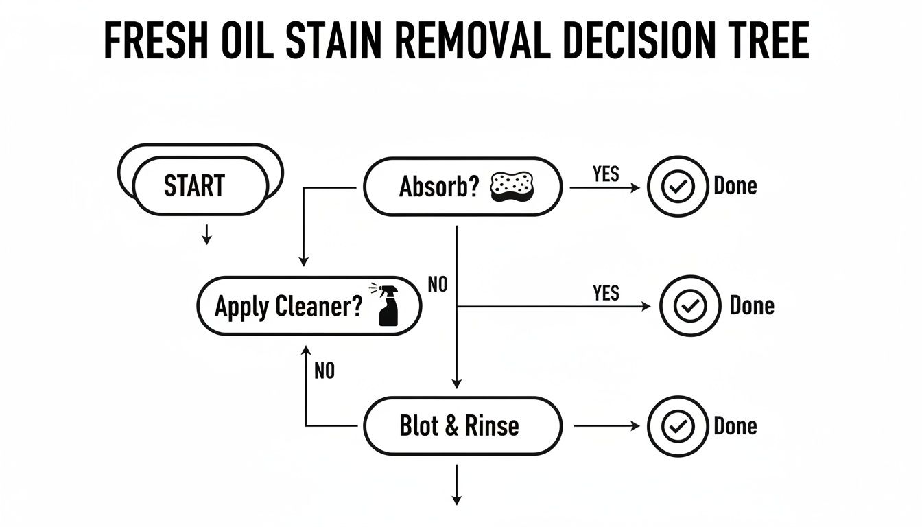 A decision tree flowchart outlining the process for fresh oil stain removal steps and actions.