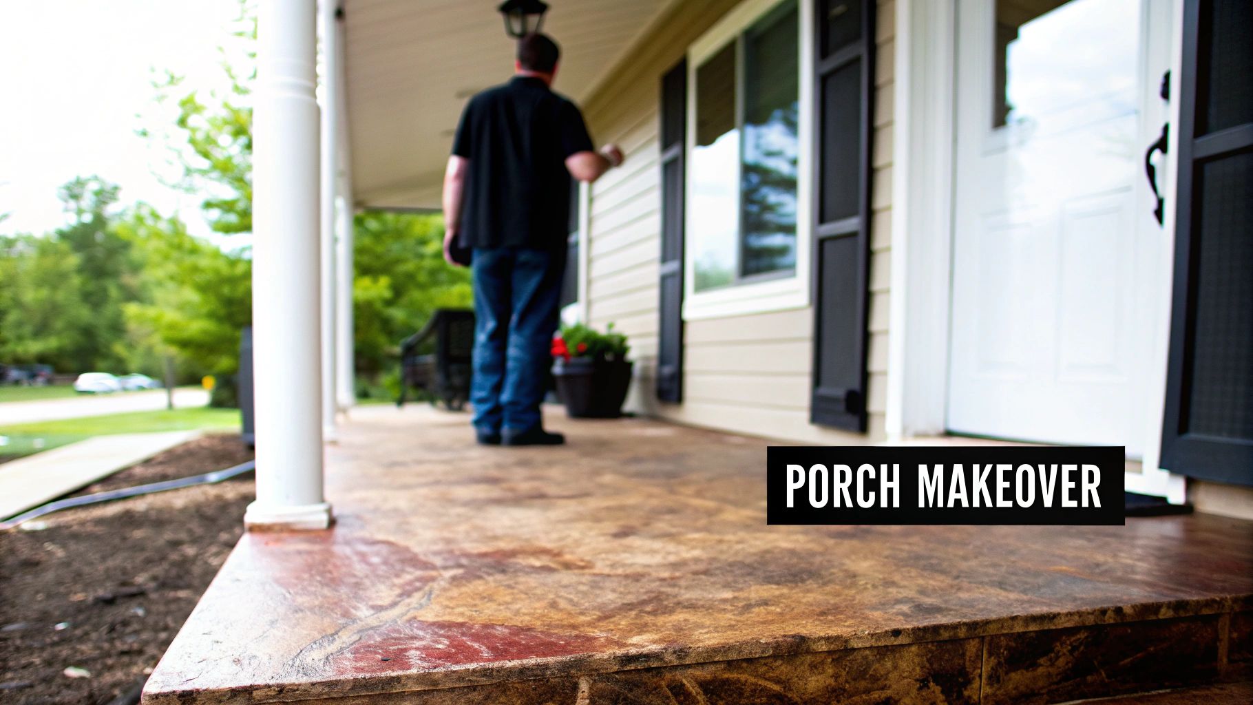 A person stands on a freshly stained concrete porch, highlighting a successful home renovation project.