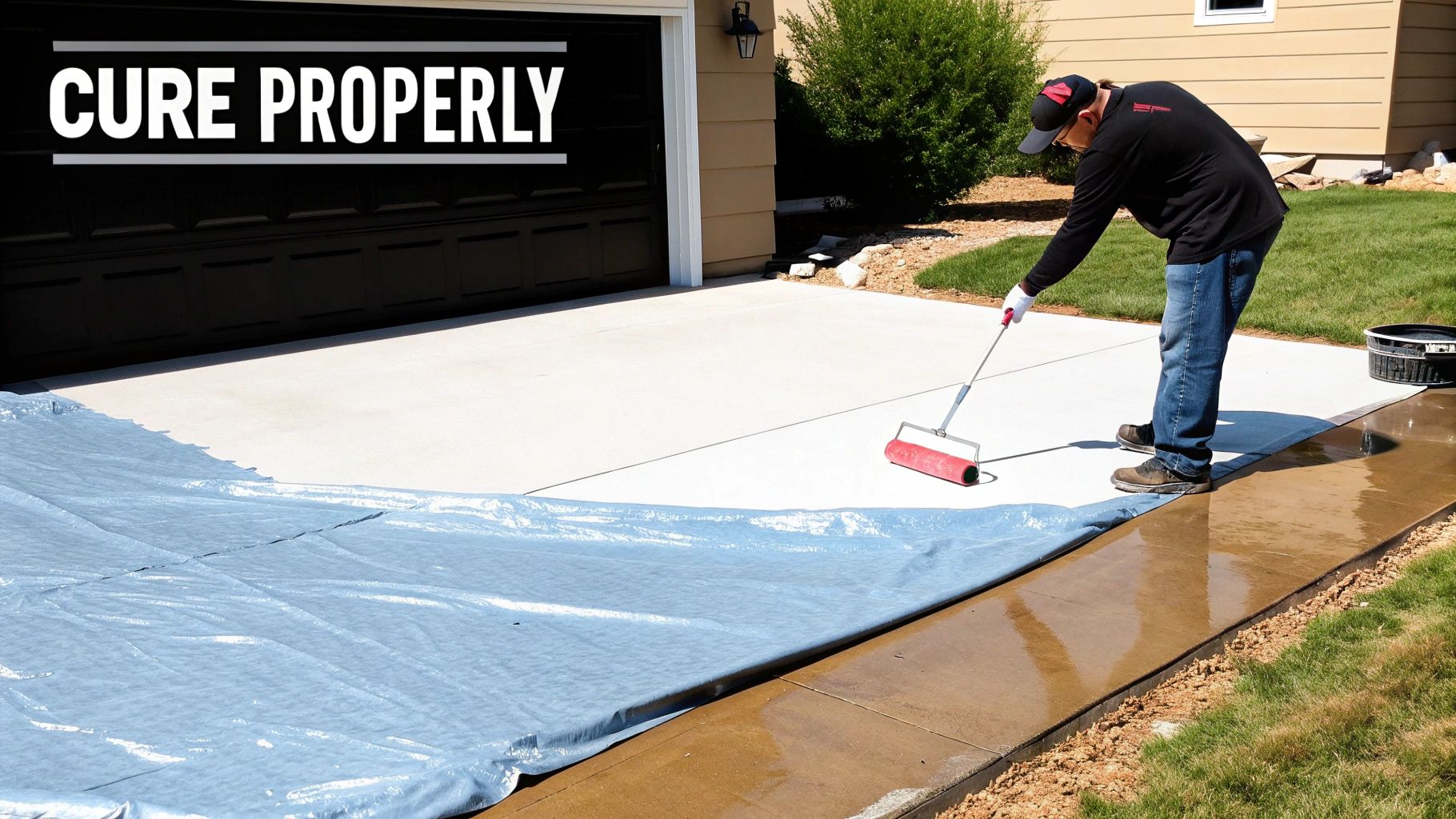 A person applies a red roller to a new cement driveway for proper curing, with a blue tarp nearby.