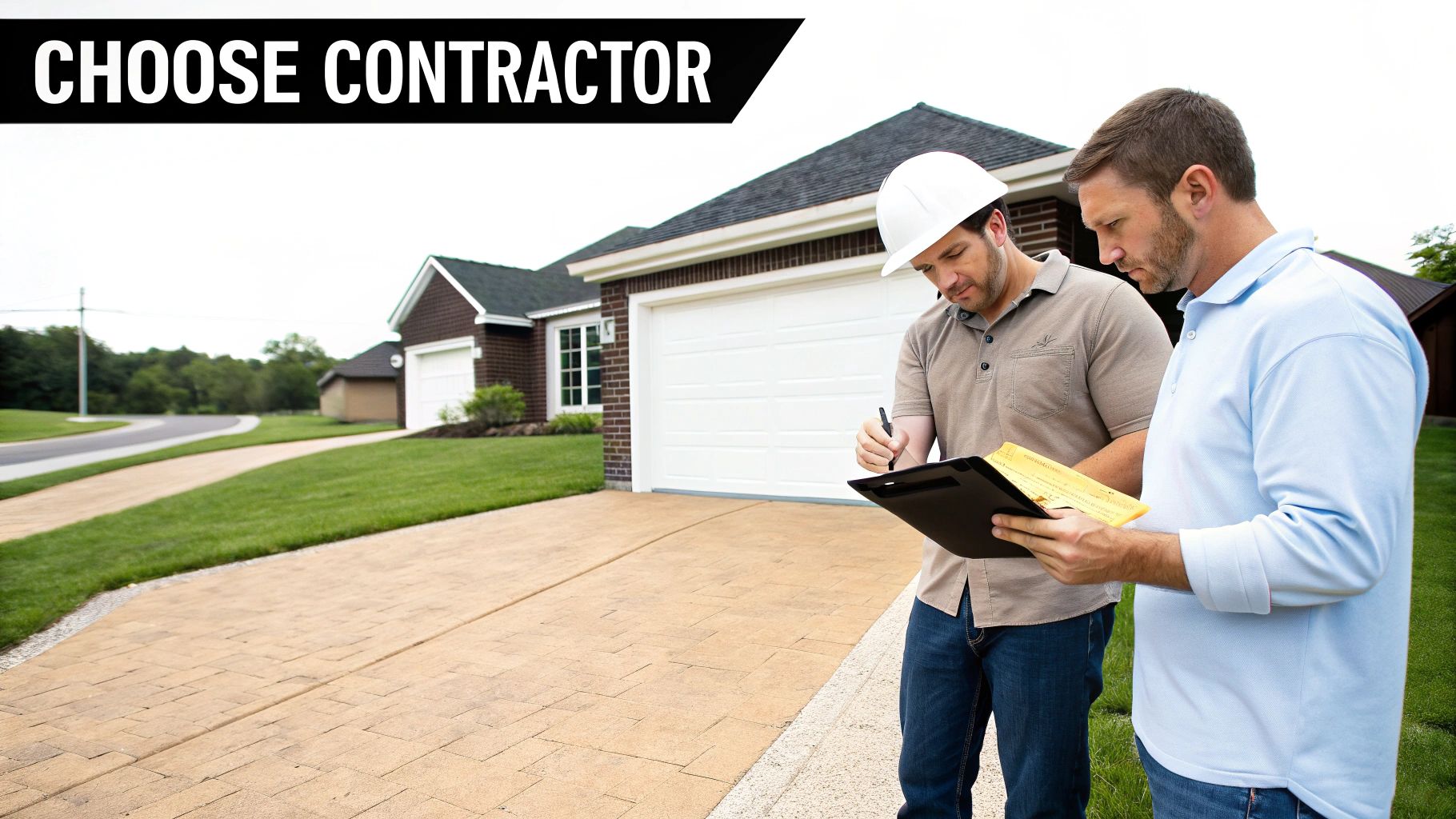 Two men, one a contractor in a hard hat, inspecting a patterned concrete driveway in front of a house.