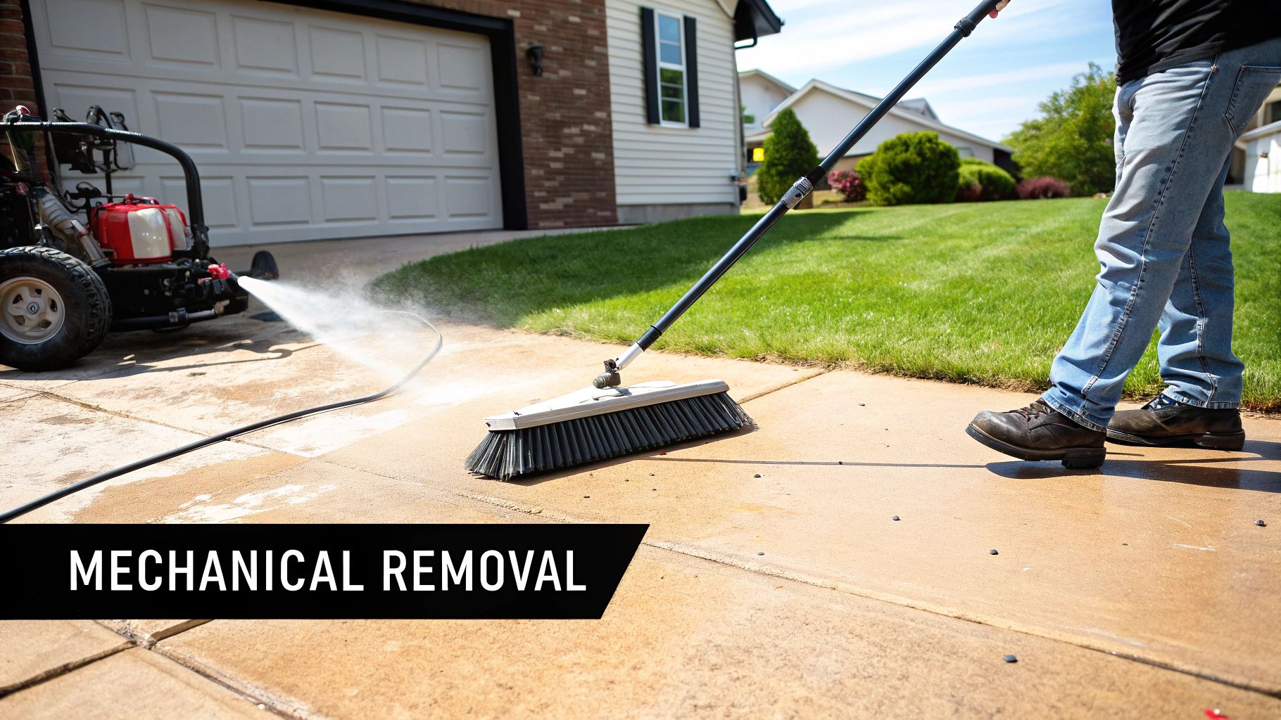 A professional technician from Atlanta Concrete Solutions cleaning a large rust stain on a commercial concrete surface.