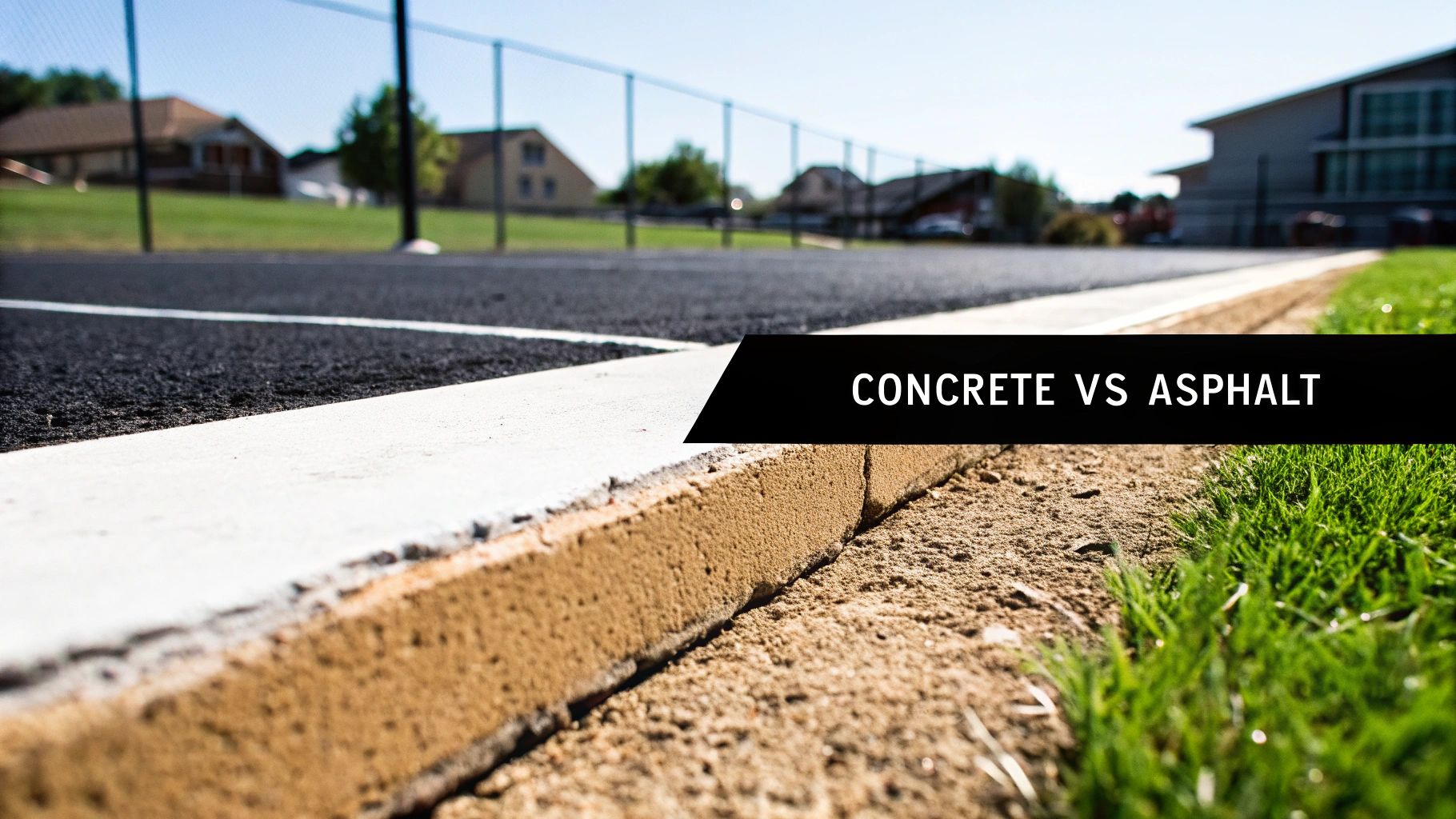 Close-up of a white concrete curb separating black asphalt from green grass with text 'CONCRETE VS ASPHALT'.